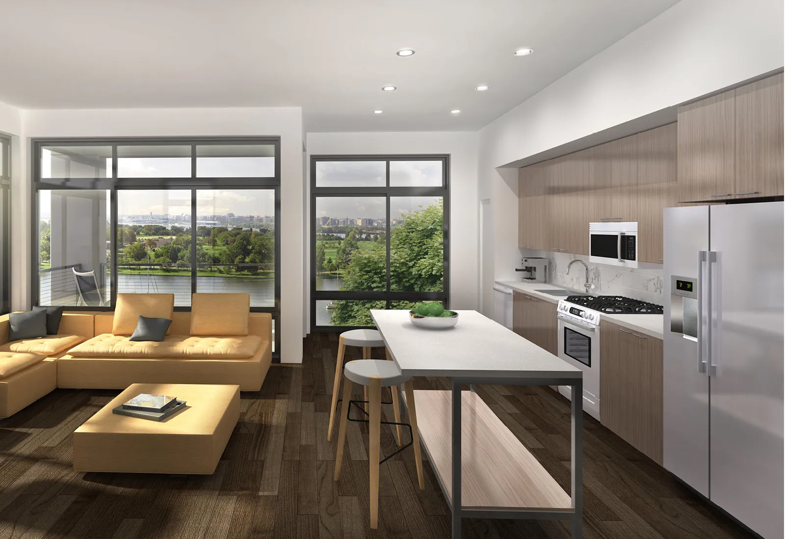 Modern apartment interior with yellow sofa, kitchen area, and large windows overlooking trees.