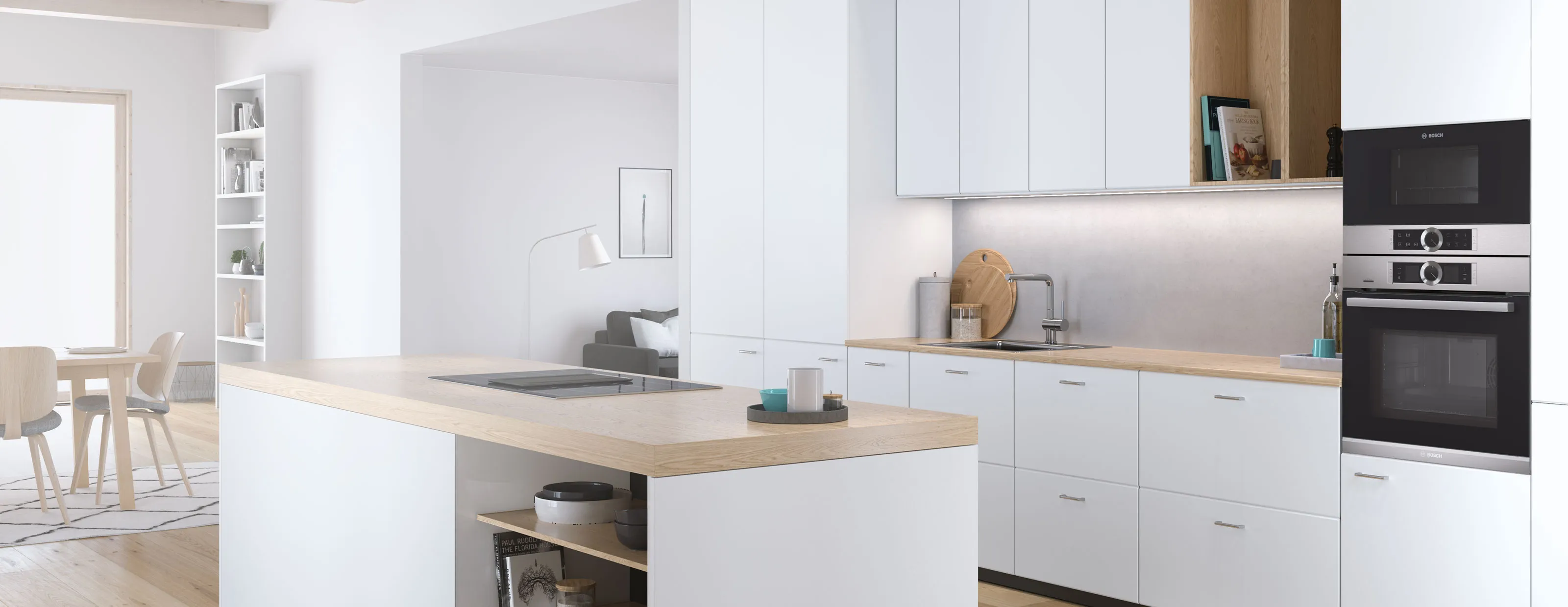 Cucina moderna e minimalista con armadi bianchi, controsoffitti in legno e scaffalature aperte.