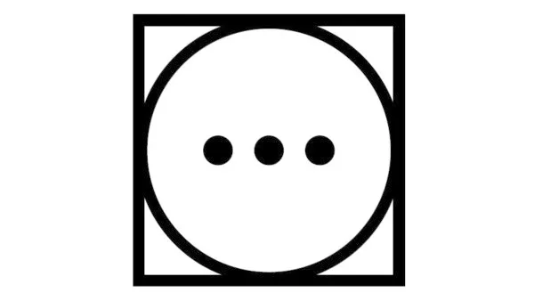 Black square frame with circular outline and three black dots inside.