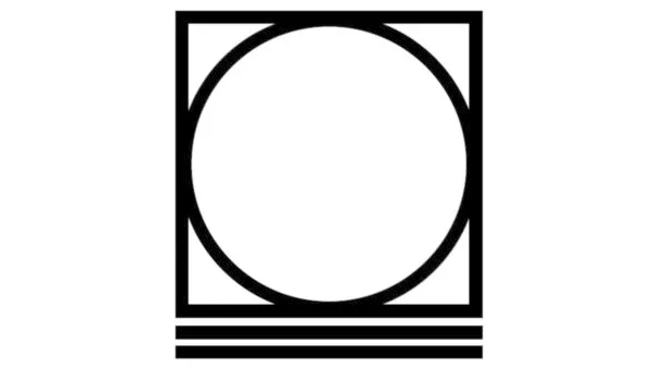 Black geometric frame with circular opening and horizontal lines.
