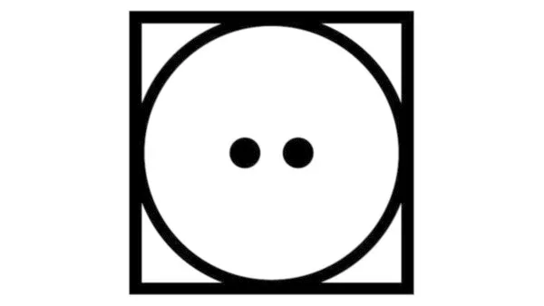 Simple black and white geometric design with a circular shape and two dots inside a square frame.