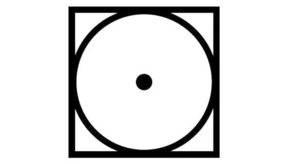 Minimalist black and white geometric design with a circular shape inside a square frame.