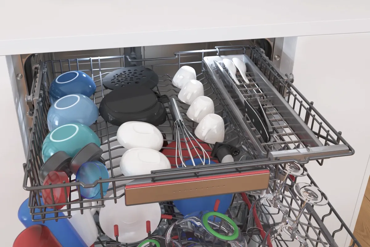 Closer look at new deeper top rack with space for small bowls and cups