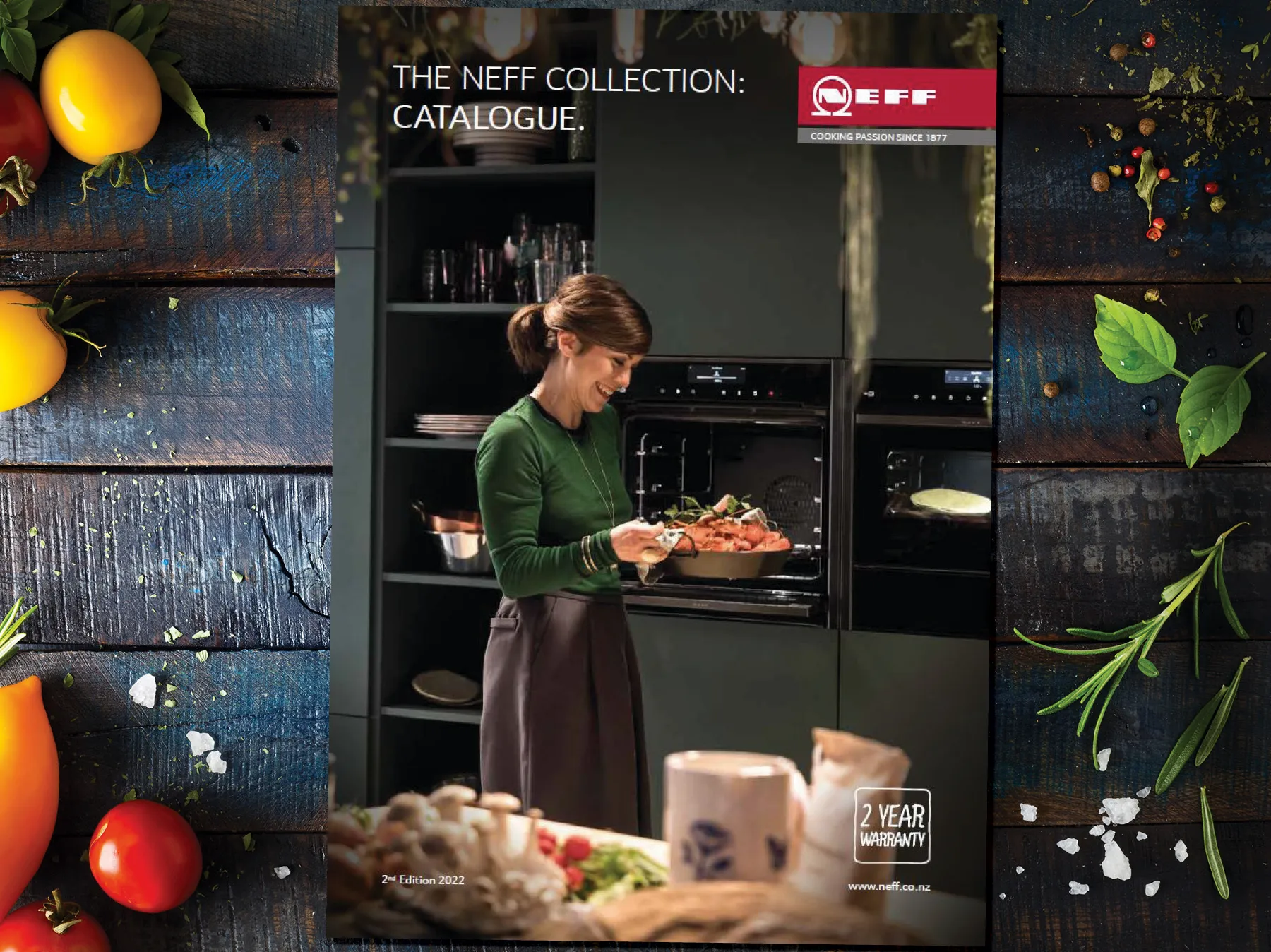 A split image serving as the cover for 'THE NEFF COLLECTION: CATALOGUE.' On the right, a smiling woman in a green top places a pan of food into an open black NEFF built-in oven in a modern kitchen with dark green cabinetry. Another NEFF oven is visible next to it, with food baking inside