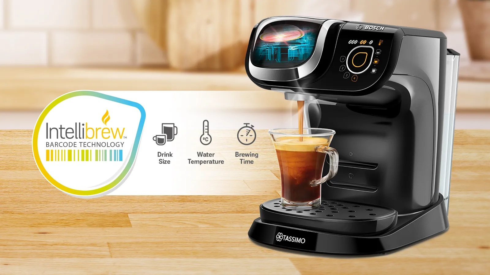 Elegantní kávovar Tassimo vaří kávu do průhledného šálku a v jeho blízkosti se nachází ikony čárového kódu technologie IntelliBrew.