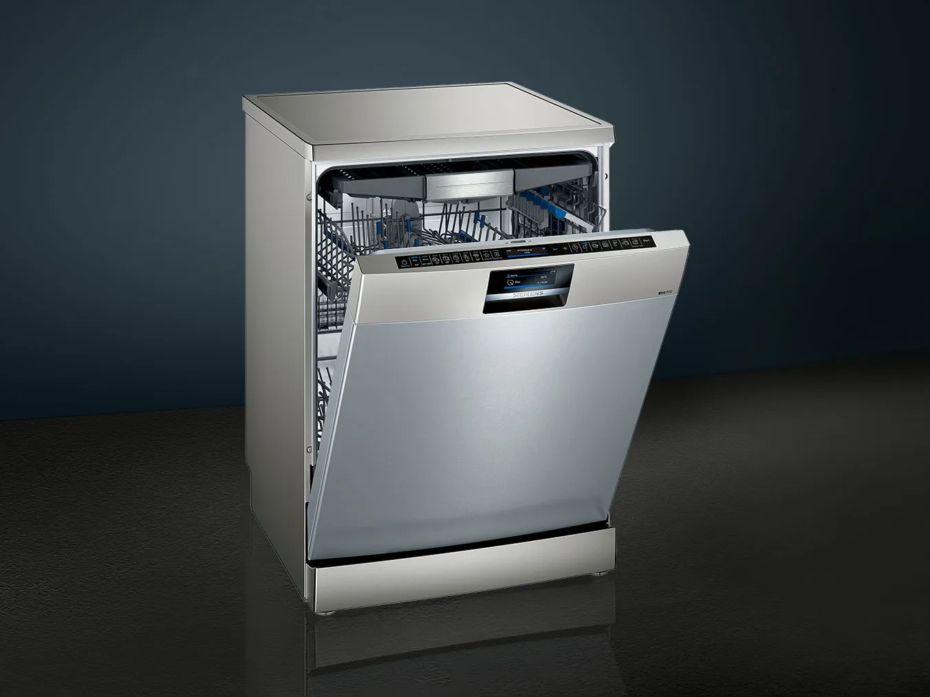 Stainless steel dishwasher with open door, displaying racks and controls.