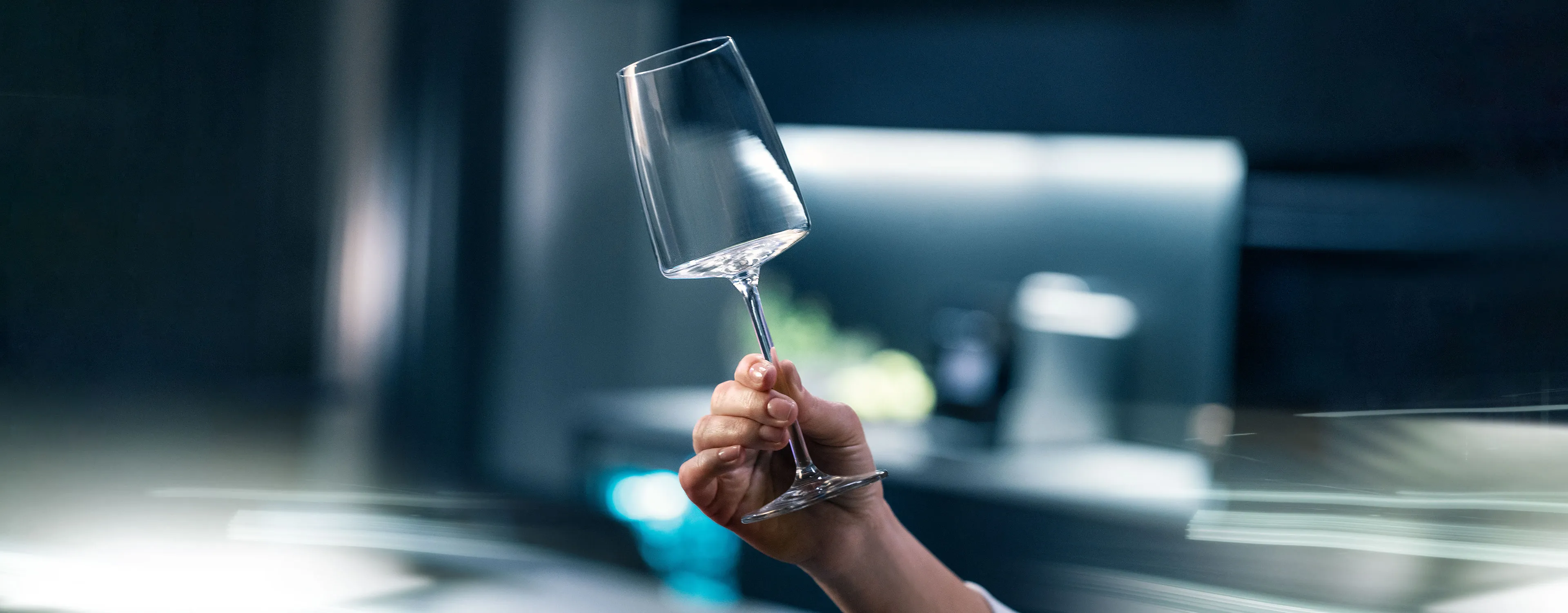 Primo piano di una mano che tiene un calice di vino inclinato sopra una lavastoviglie Siemens con zona vetri visibile.