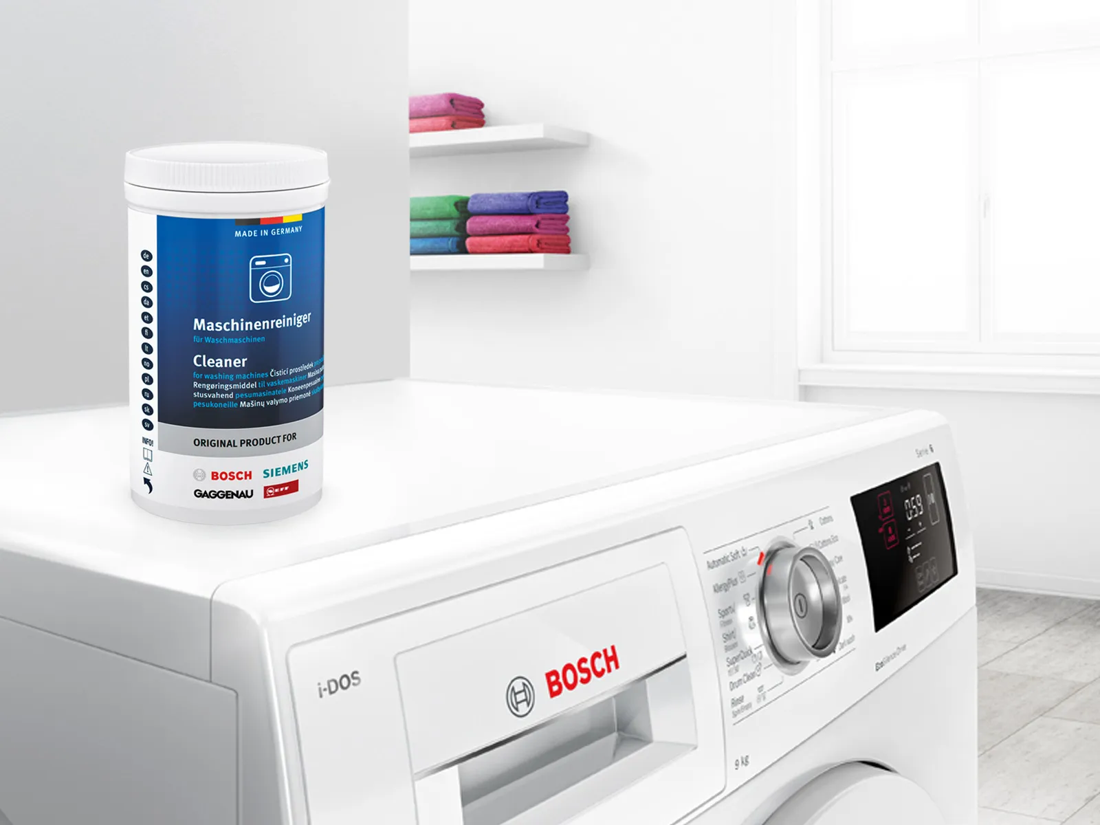 Cleaning and care product on Bosch washing machine.