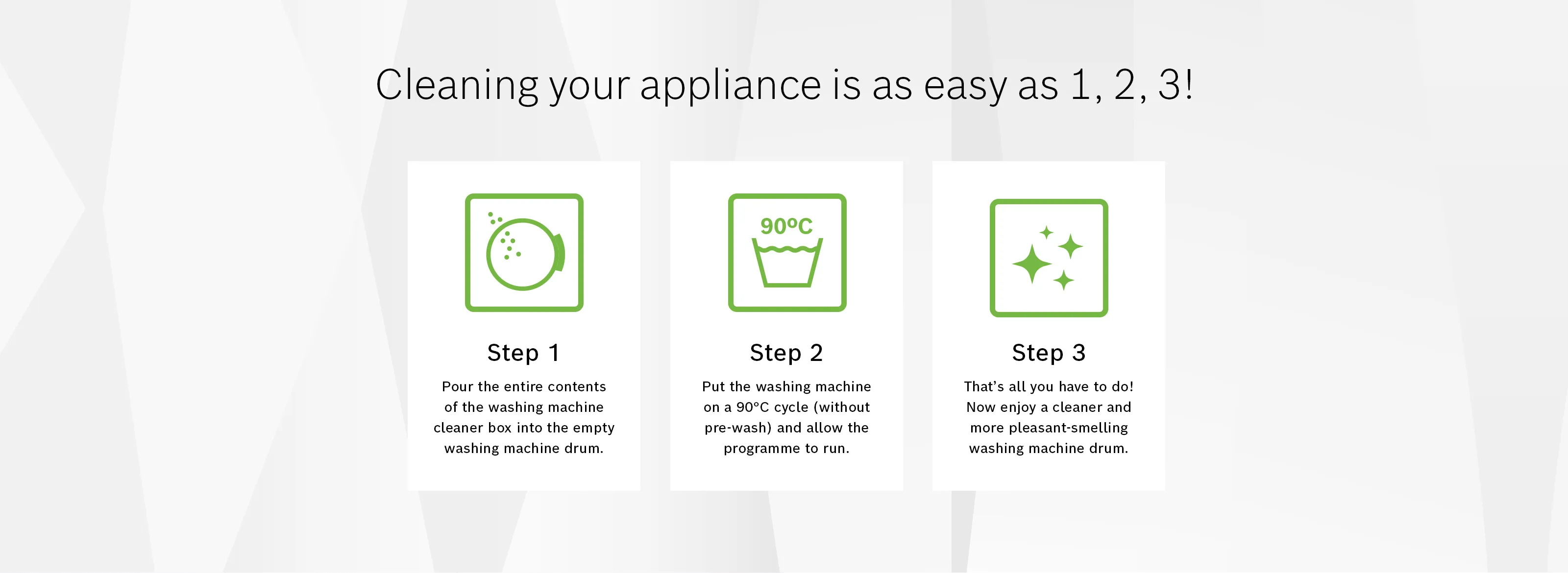 Cleaning appliance steps: 1. Empty contents, 2. Run washing machine cycle, 3. Clean washing machine drum.
