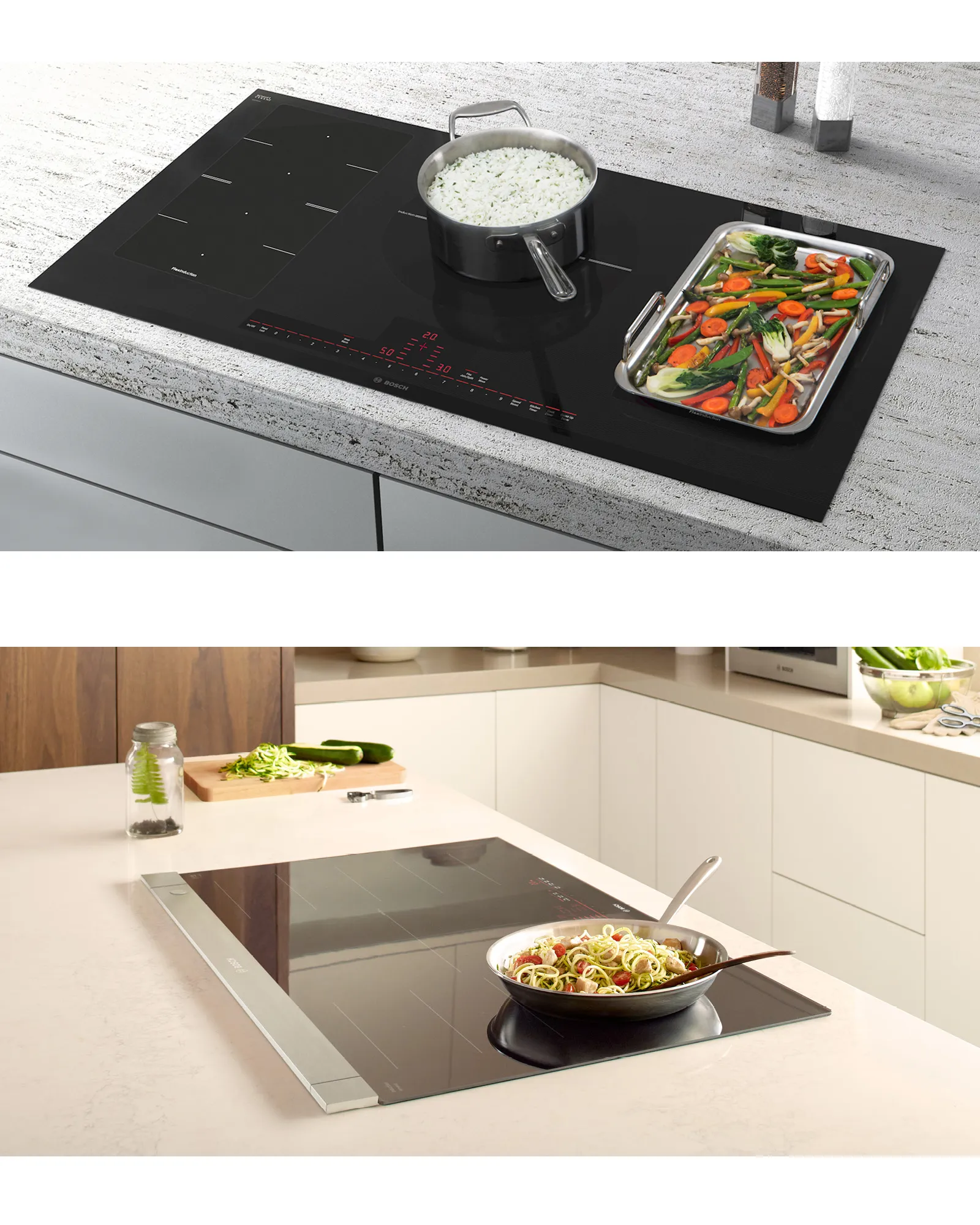 Modern Bosch Induction cooktops with food cooking in pots and pans on a kitchen counter.