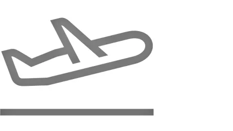 Gray icon of an airplane landing on a white background.