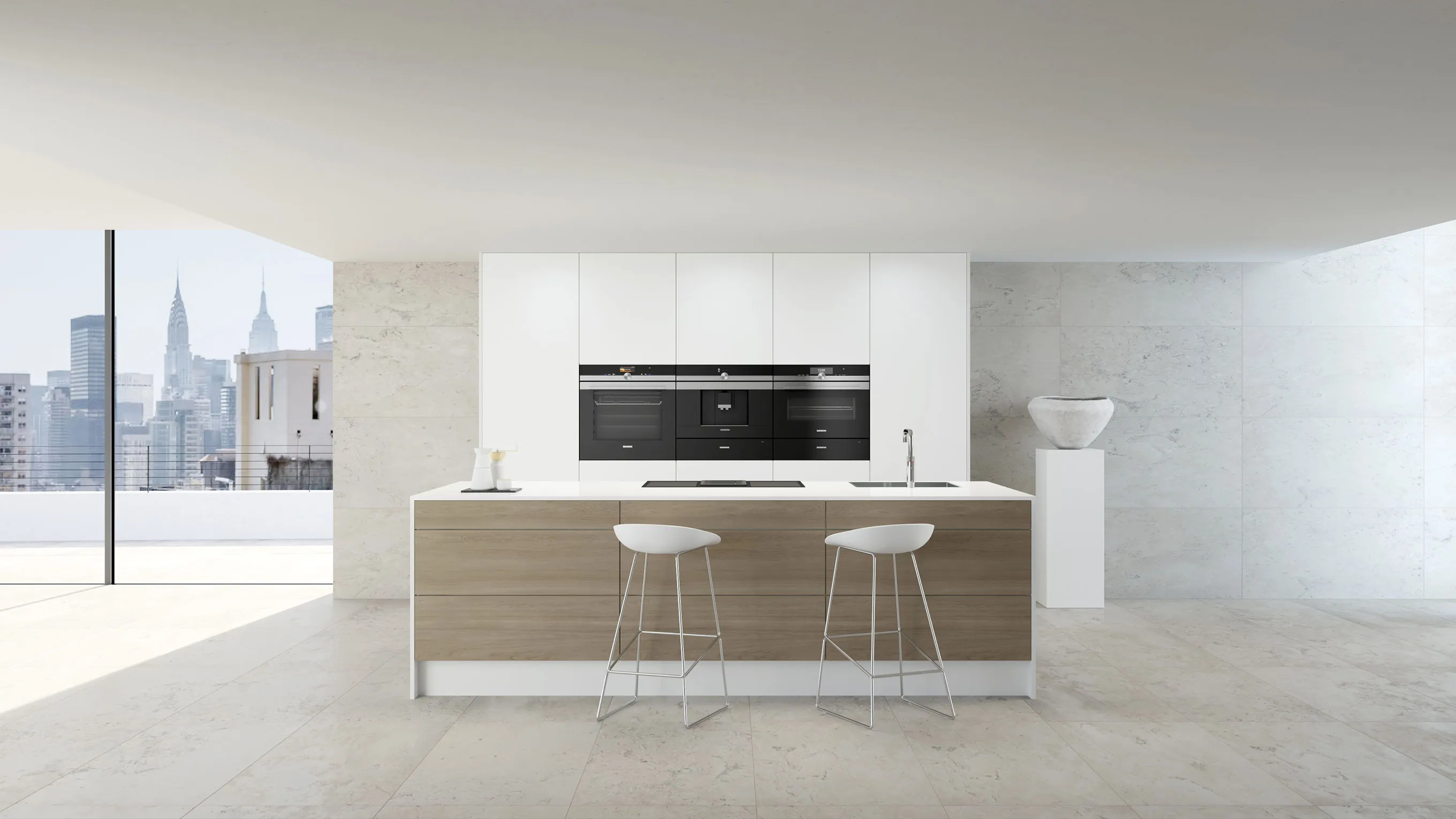 Modern kitchen with sleek appliances, wooden island, and city skyline view through window.
