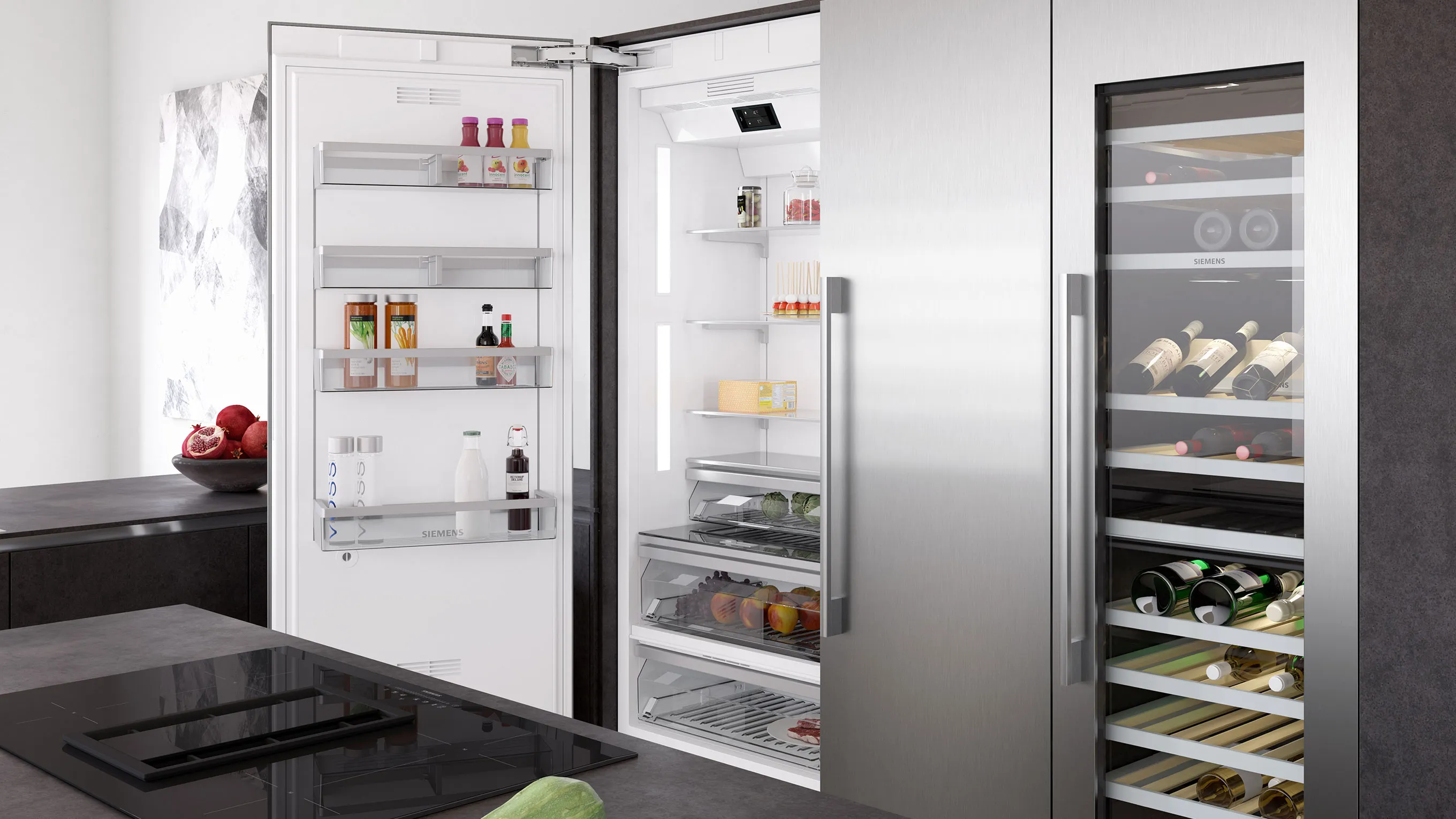 Modern kitchen with stainless steel refrigerator, wine cooler, and open shelving.