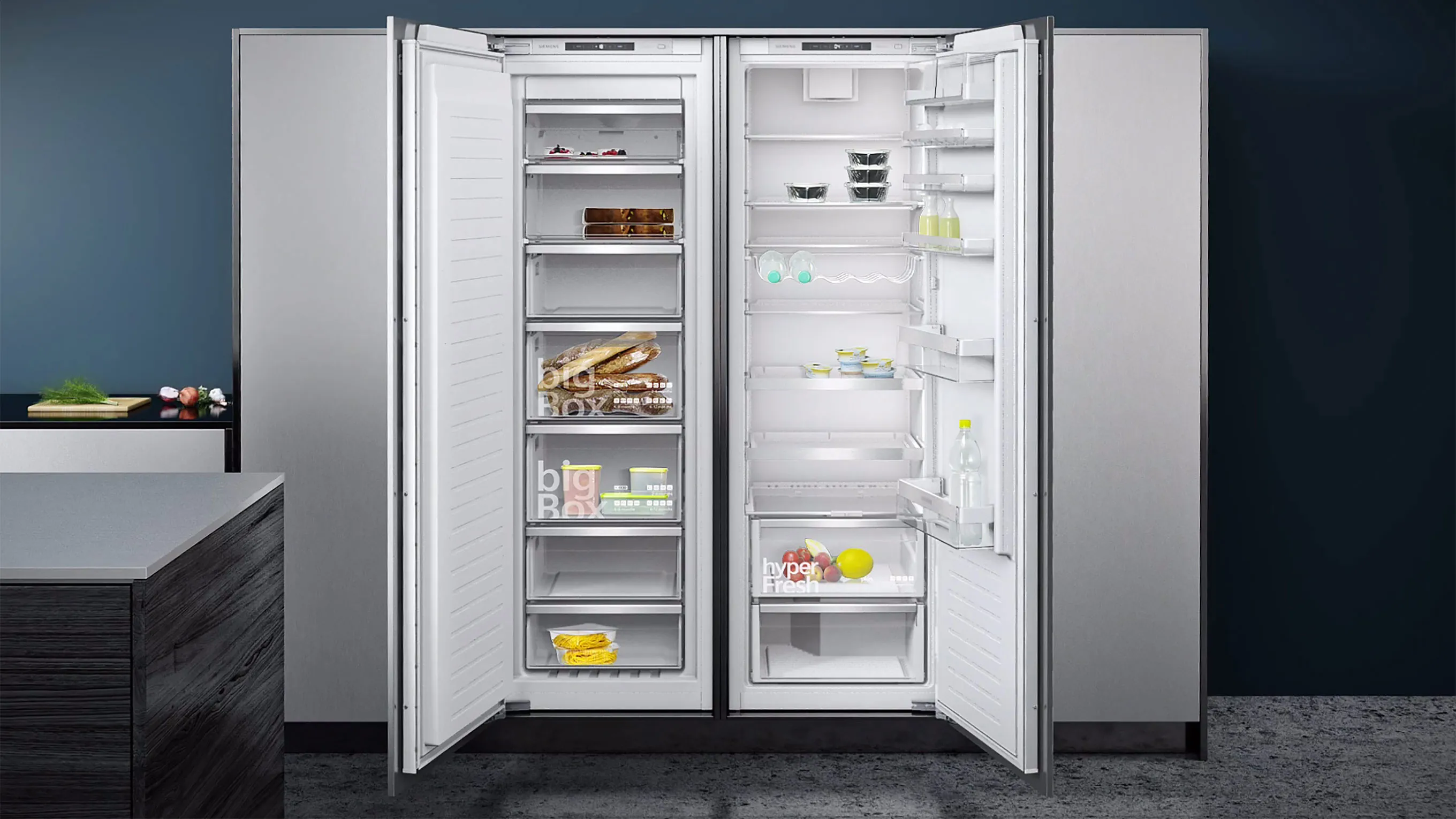 Open refrigerator with various food items and containers neatly organized inside.