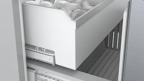 Bosch Refrigerator interior with shelves and compartments, black and white image.
