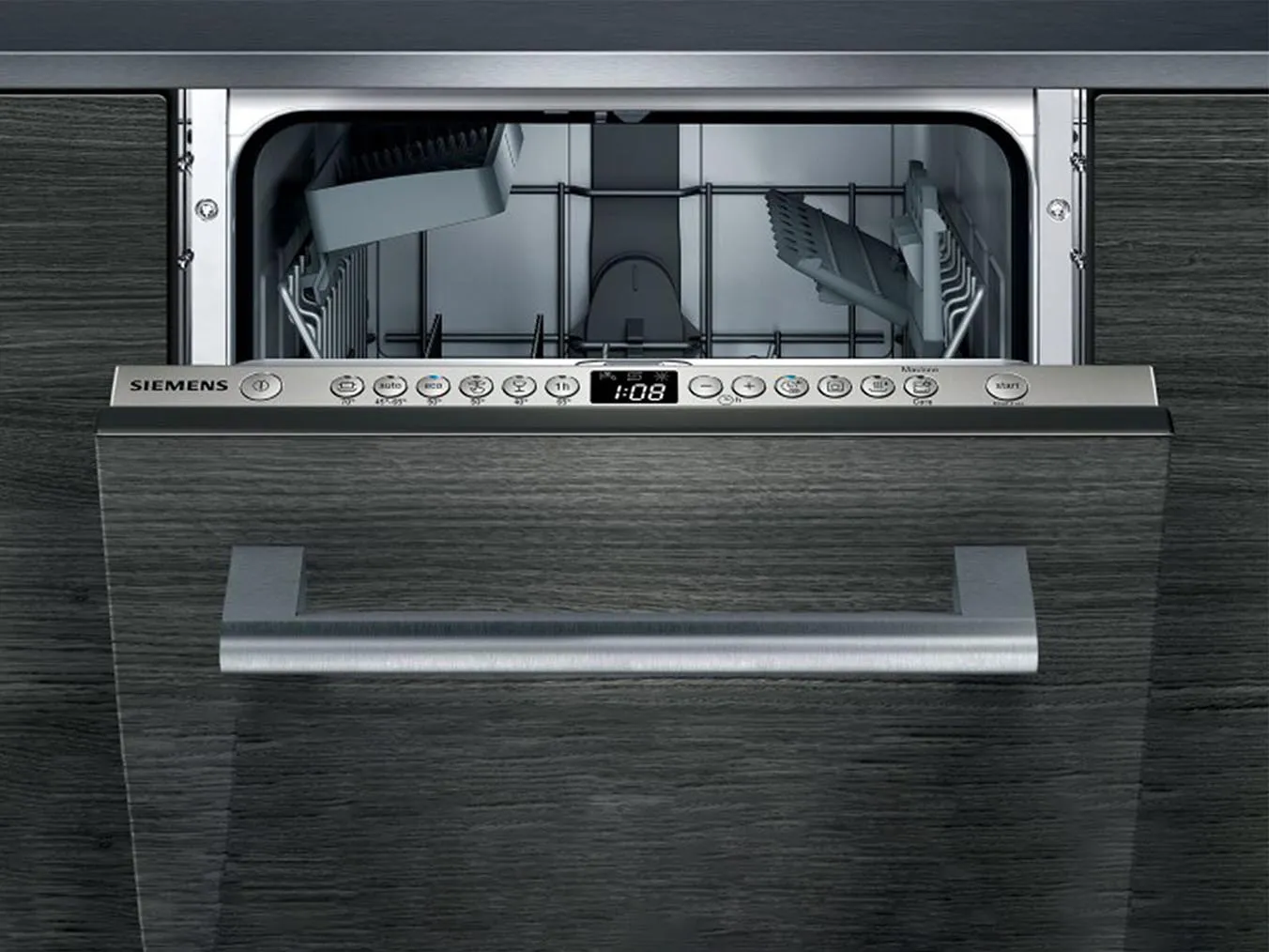 Integrated dishwasher with control panel, open door, and interior racks visible.