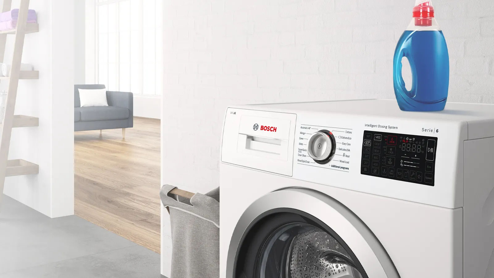 Washing machine with detergent bottle on top