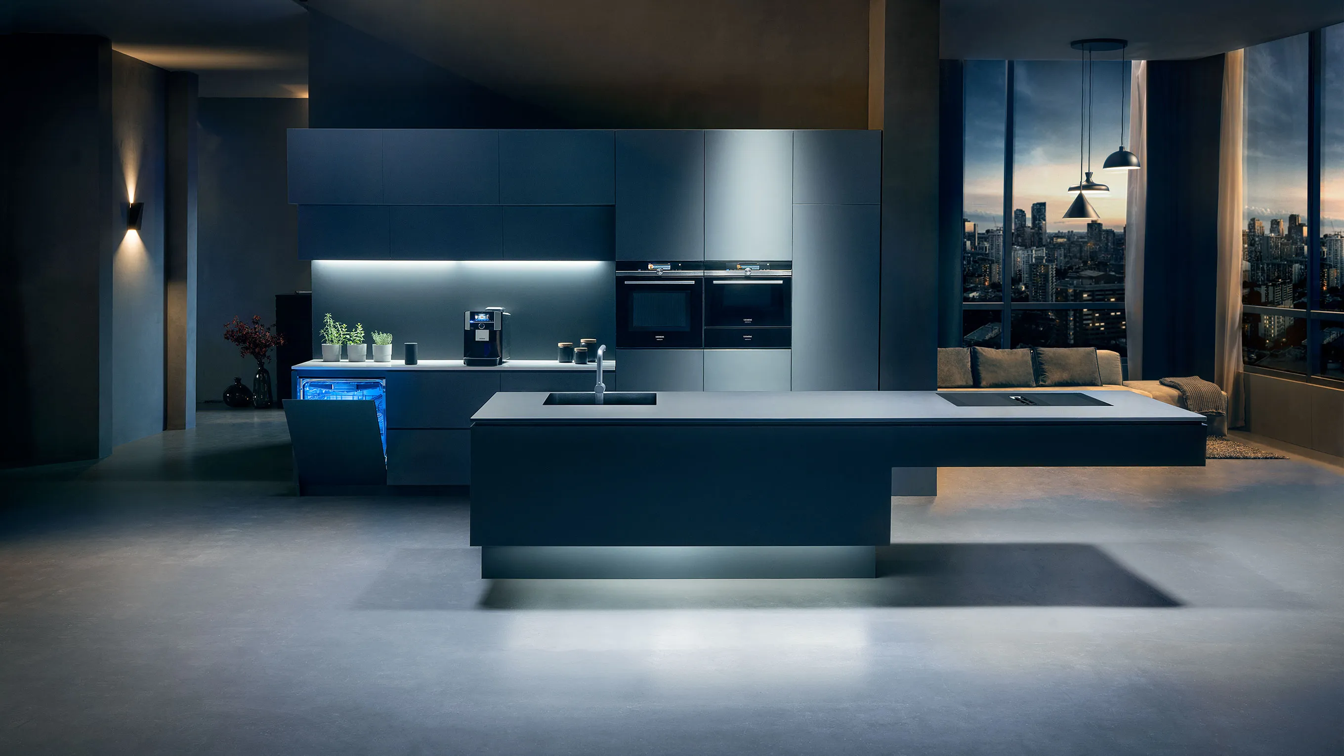 Modern kitchen with sleek black cabinets, minimalist design, and city skyline view through window.