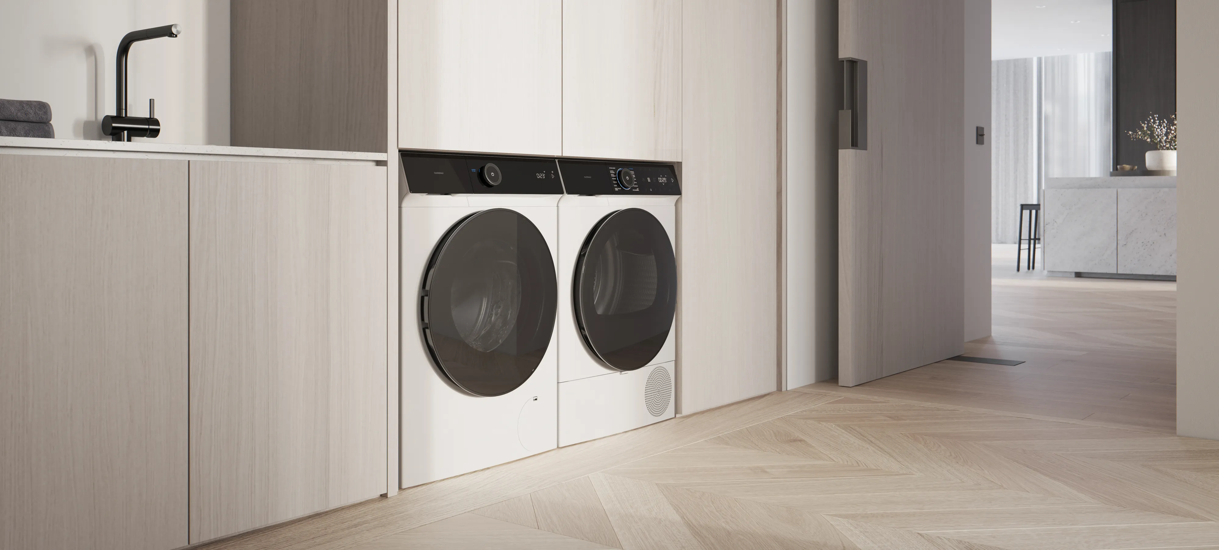 Gaggenau washing machine and heat pump dryer in a modern house