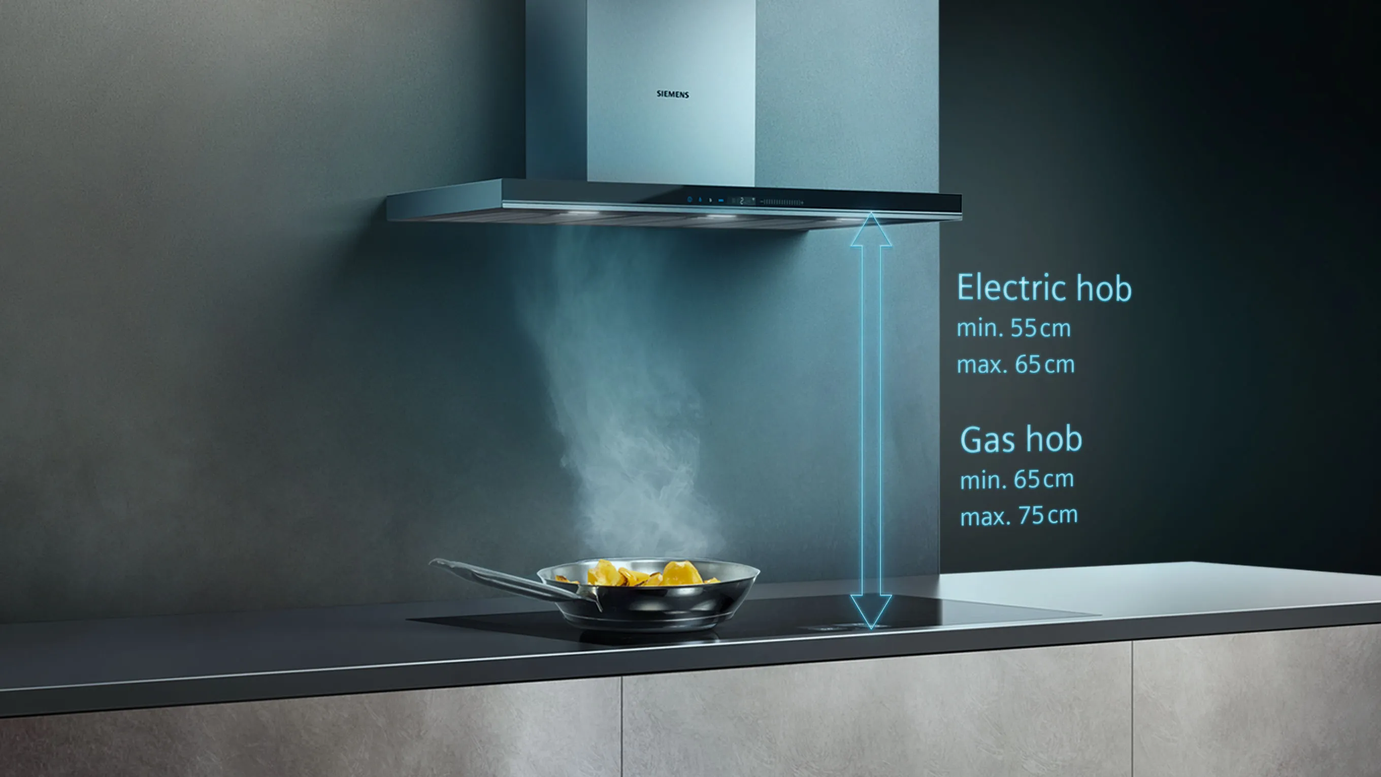 Kitchen countertop with electric and gas hobs, displaying dimensions and smoke from cooking.