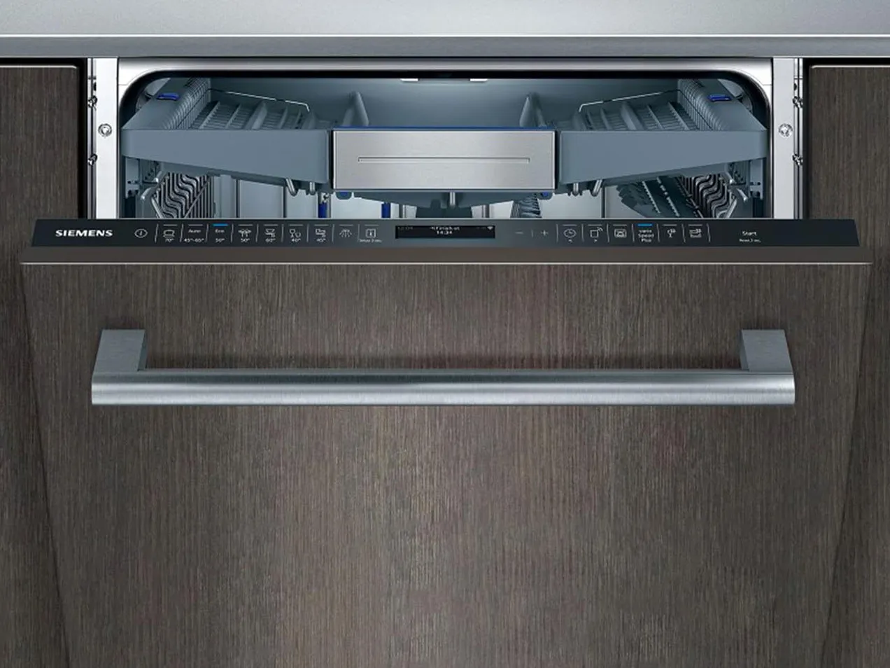 Integrated dishwasher with open door, displaying interior racks and controls.