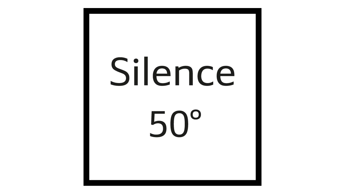 Black and white image with text "Silence 50°" inside a square frame.