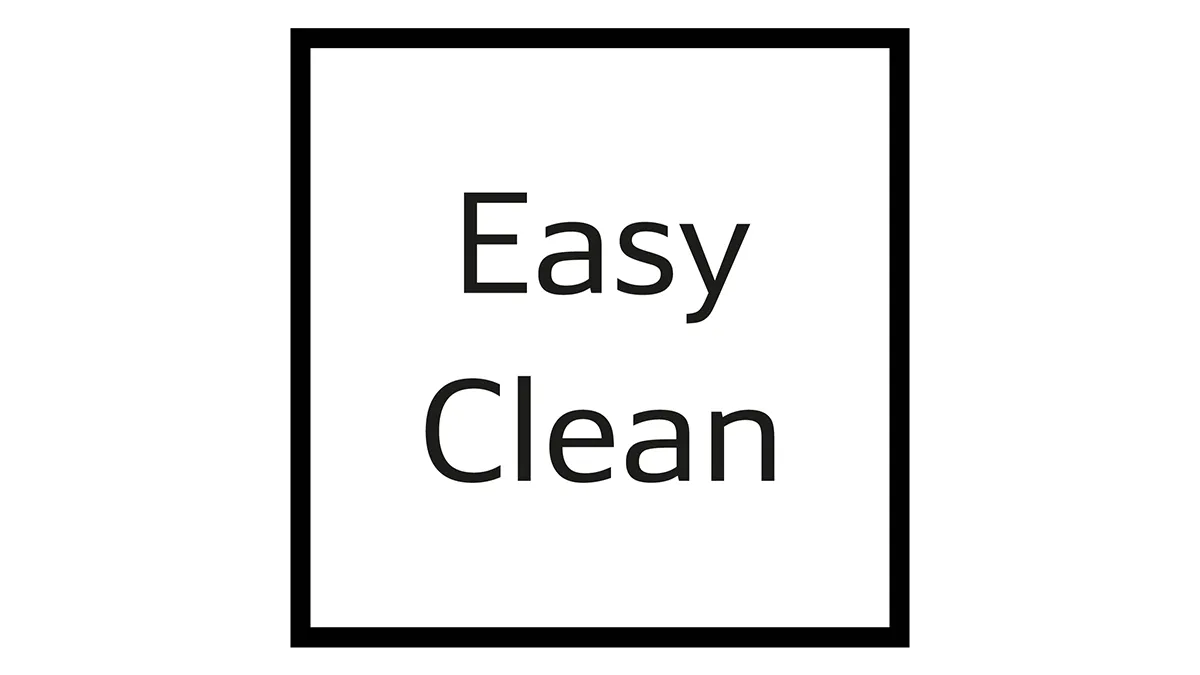 Einfaches schwarzes und weißes Bild mit Text "Easy Clean" in einem quadratischen Rahmen.