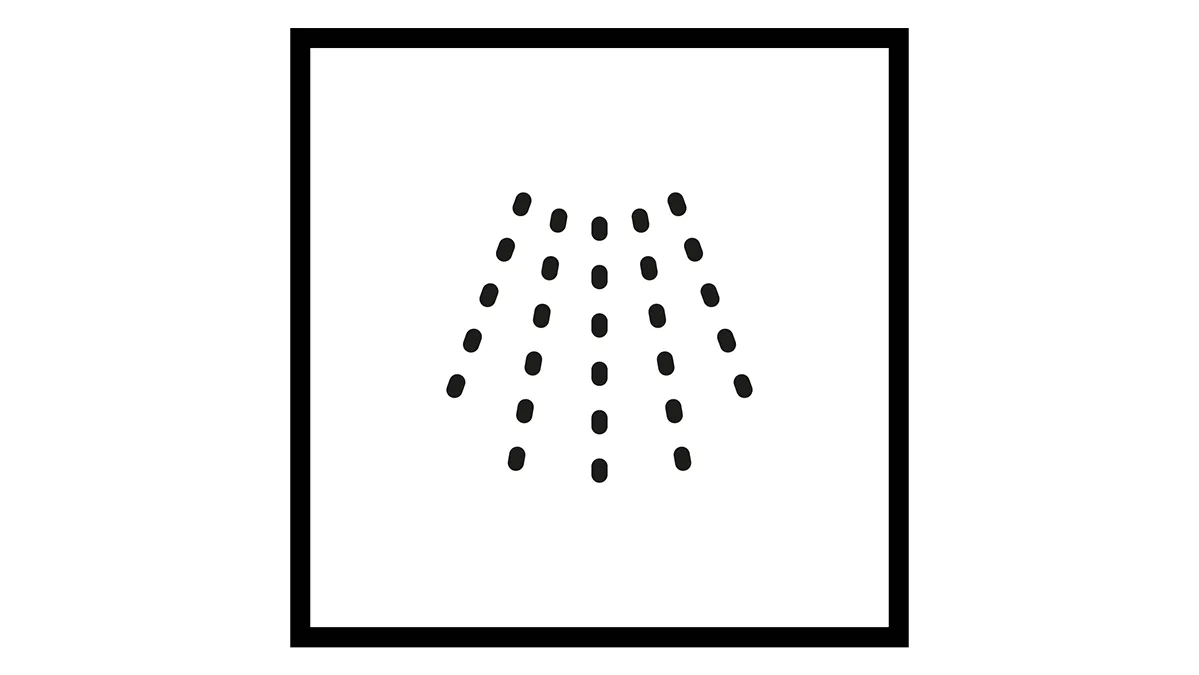 Black square frame with scattered black dots forming a fan-like pattern.