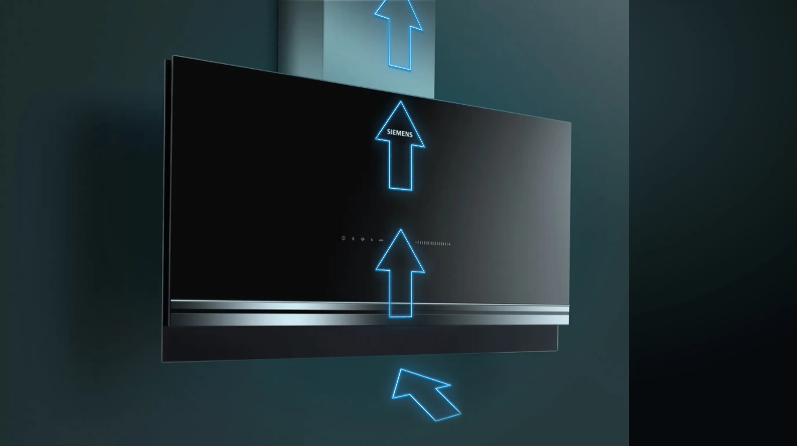 Black rectangular display with blue arrow indicators pointing upwards.