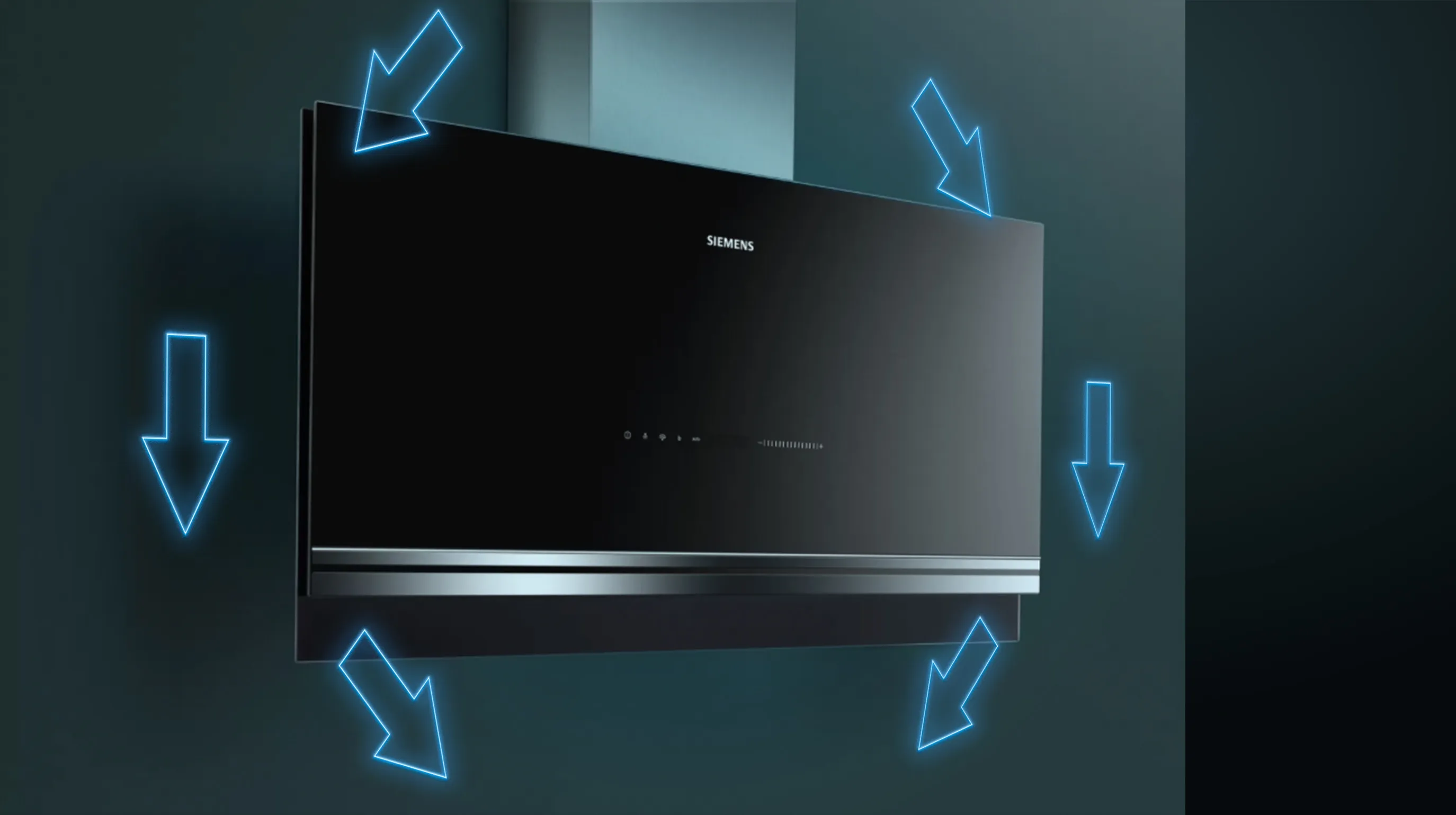Black TV or entertainment unit with blue neon arrows indicating airflow or ventilation.