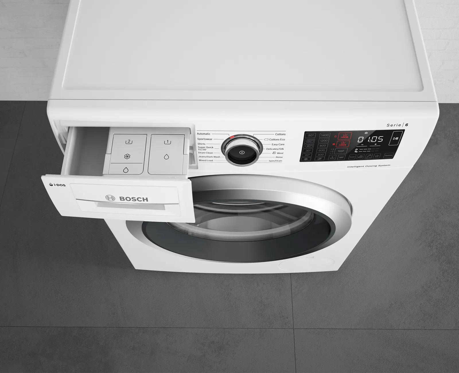 Washing machine with digital display, control panel, and open door revealing the drum interior.
