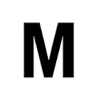 The image shows a large, bold, black letter 'M' against a plain, dark background.