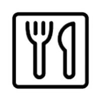 Monochrome icon depicting a fork and knife symbol within a square frame.