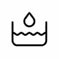 Simple black and white icon depicting a water droplet or raindrop above a wavy line, suggesting a water or liquid-related concept.