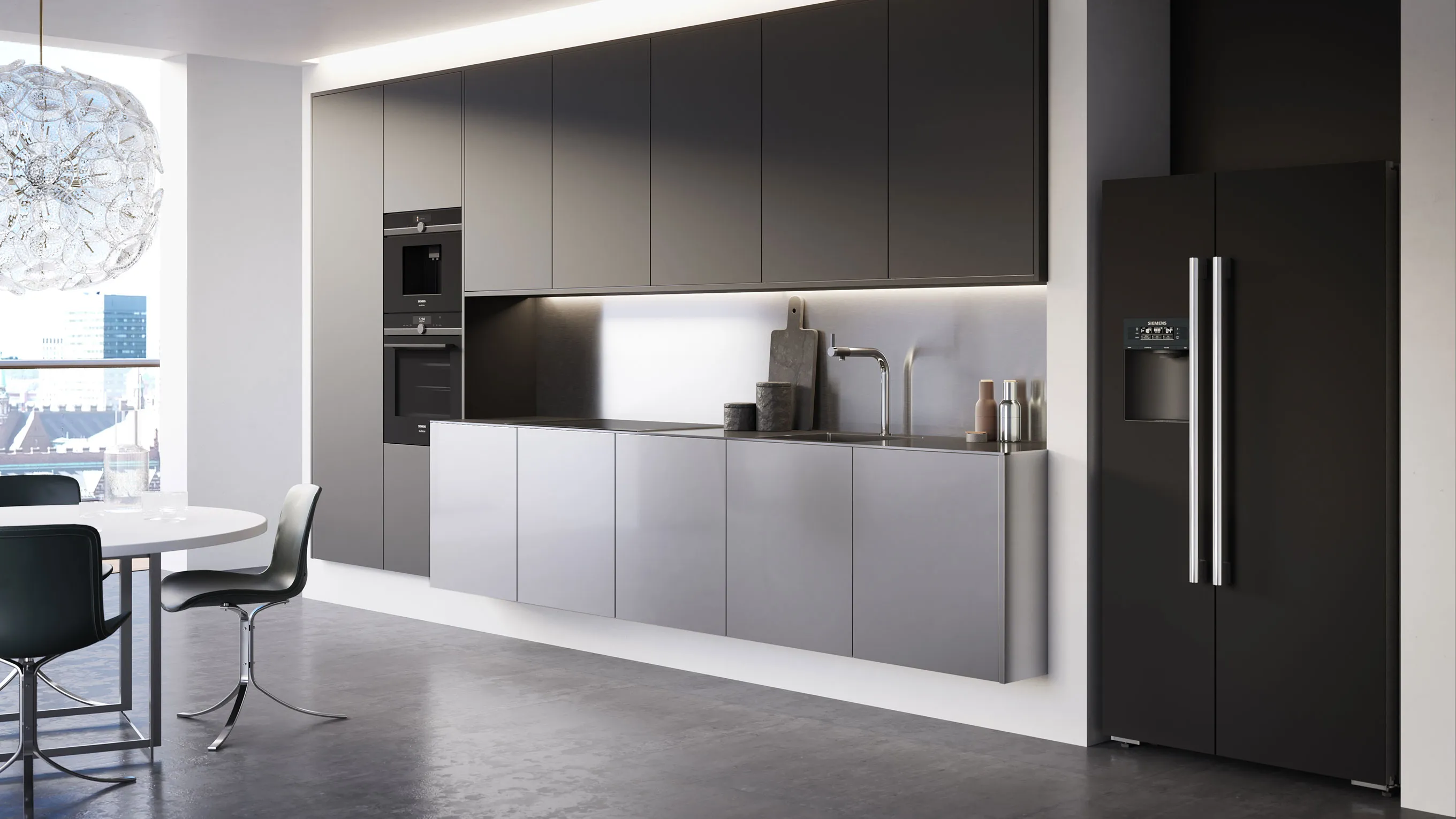 Modern kitchen with sleek gray cabinets, stainless steel appliances, and a minimalist design.