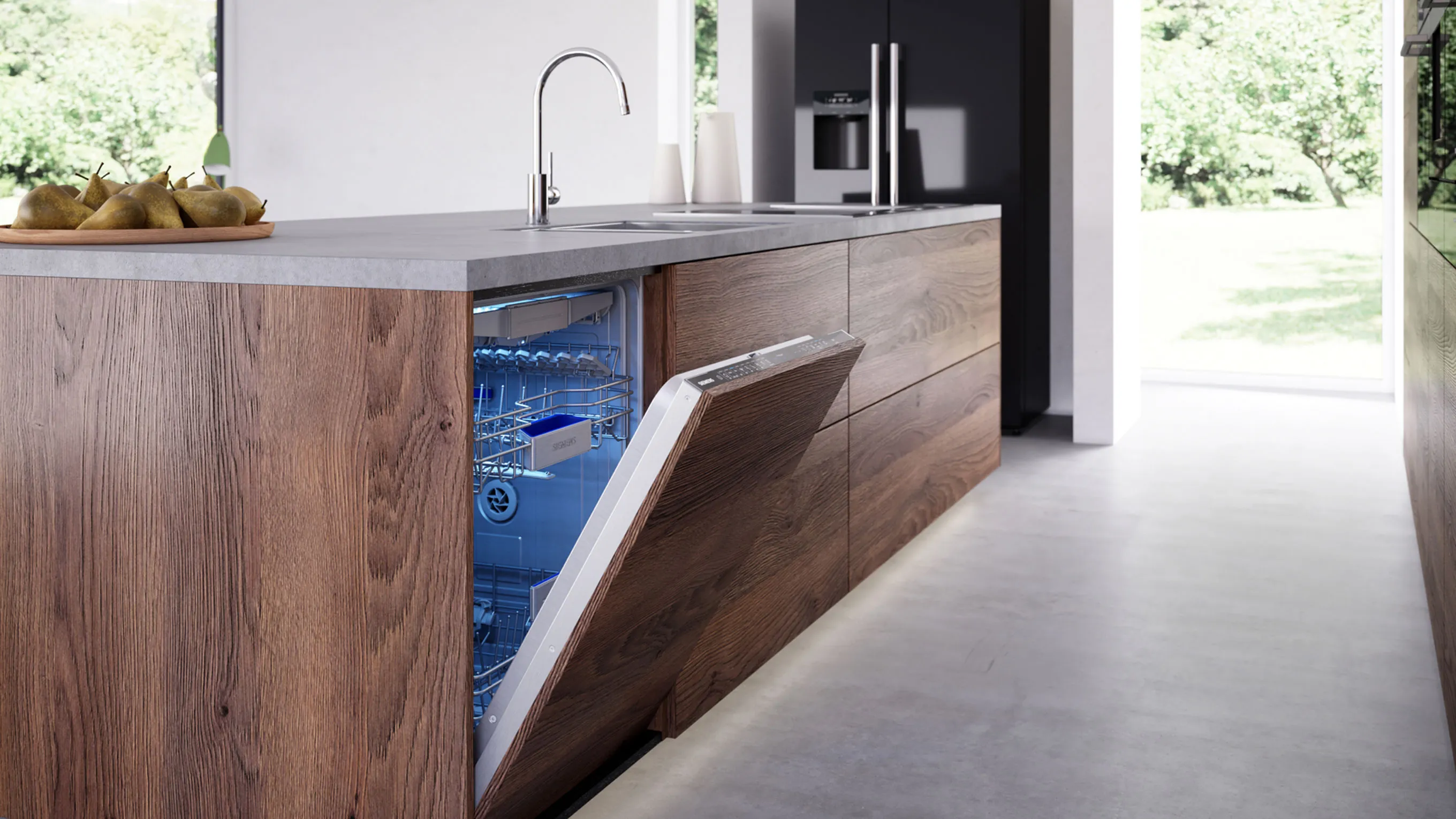 Modern kitchen with wooden cabinets, concrete countertop, and built-in dishwasher.