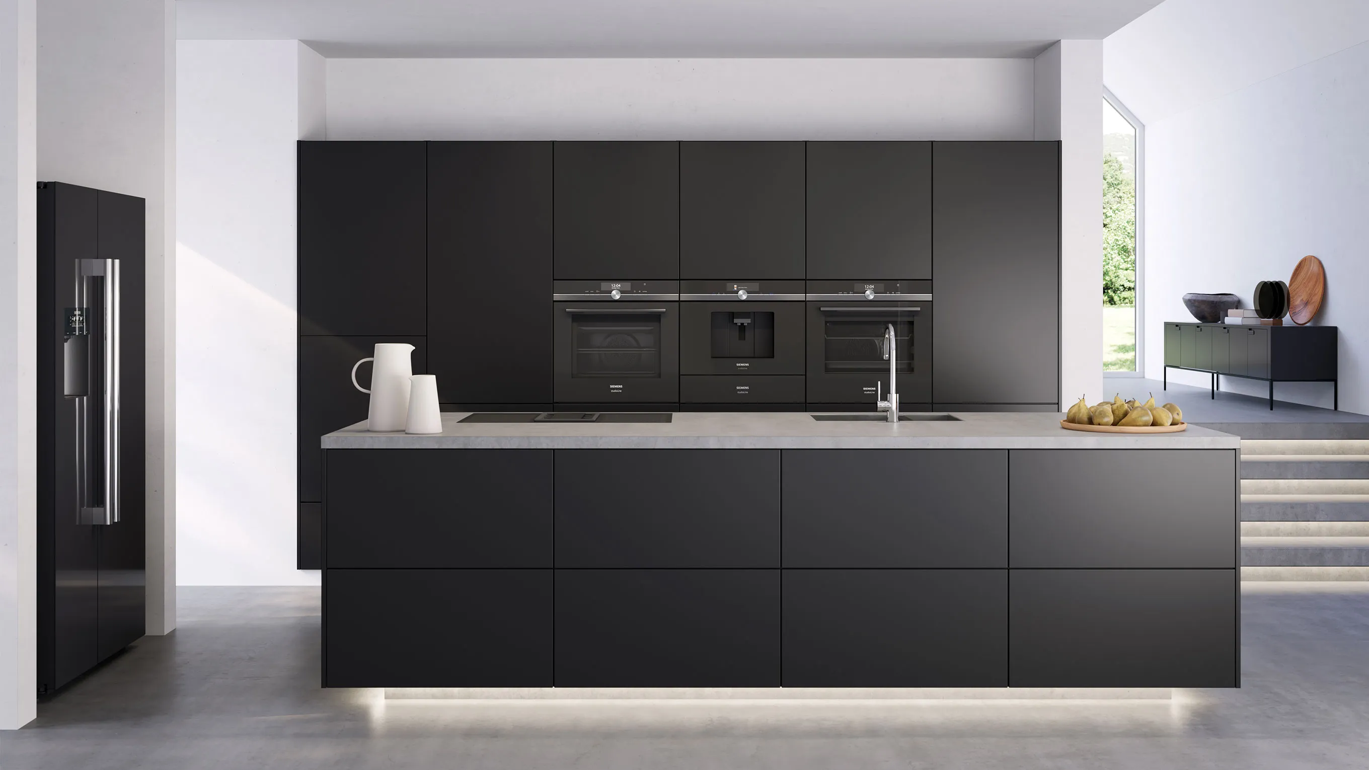 Modern black kitchen with sleek cabinets, built-in appliances, and a minimalist design.