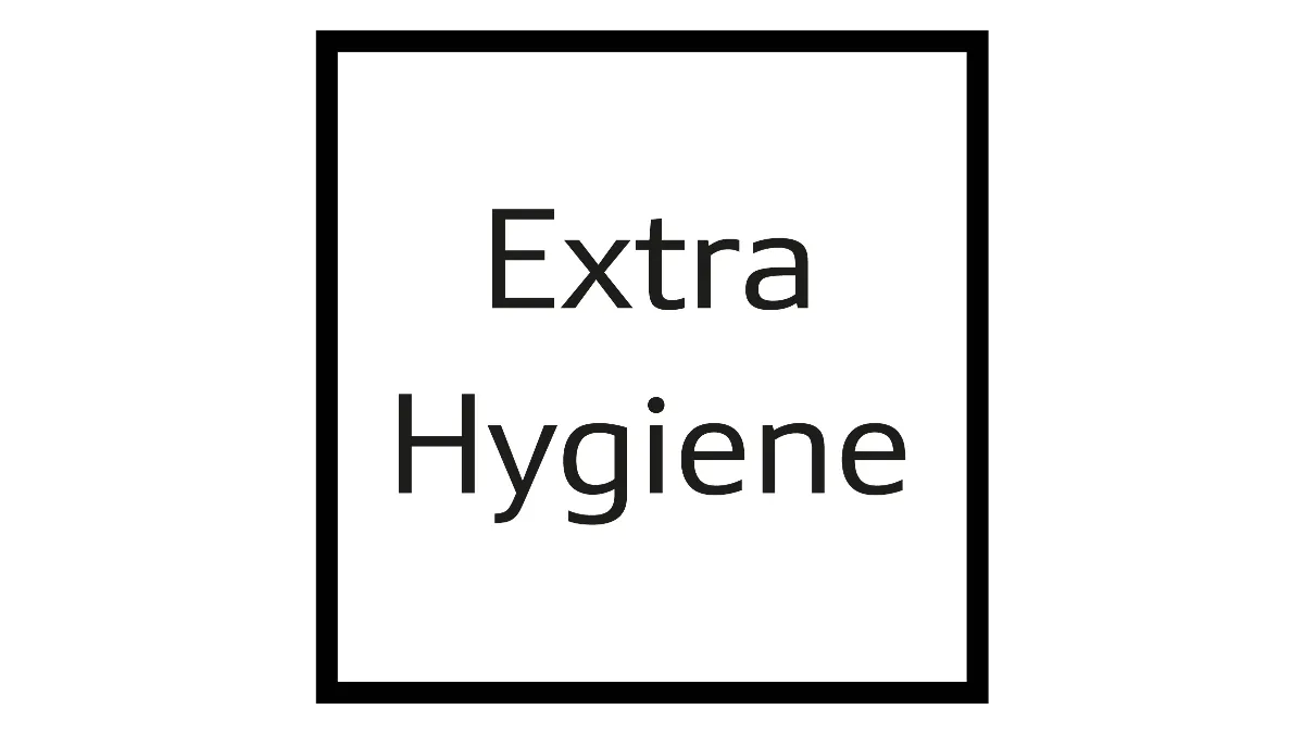 Black and white image with text "Extra Hygiene" in a square frame.