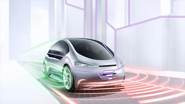 Futurista coche eléctrico con diseño elegante, luces brillantes y tecnología de sensores avanzada.Futurista coche eléctrico con diseño elegante, luces brillantes y tecnología de sensores avanzada.