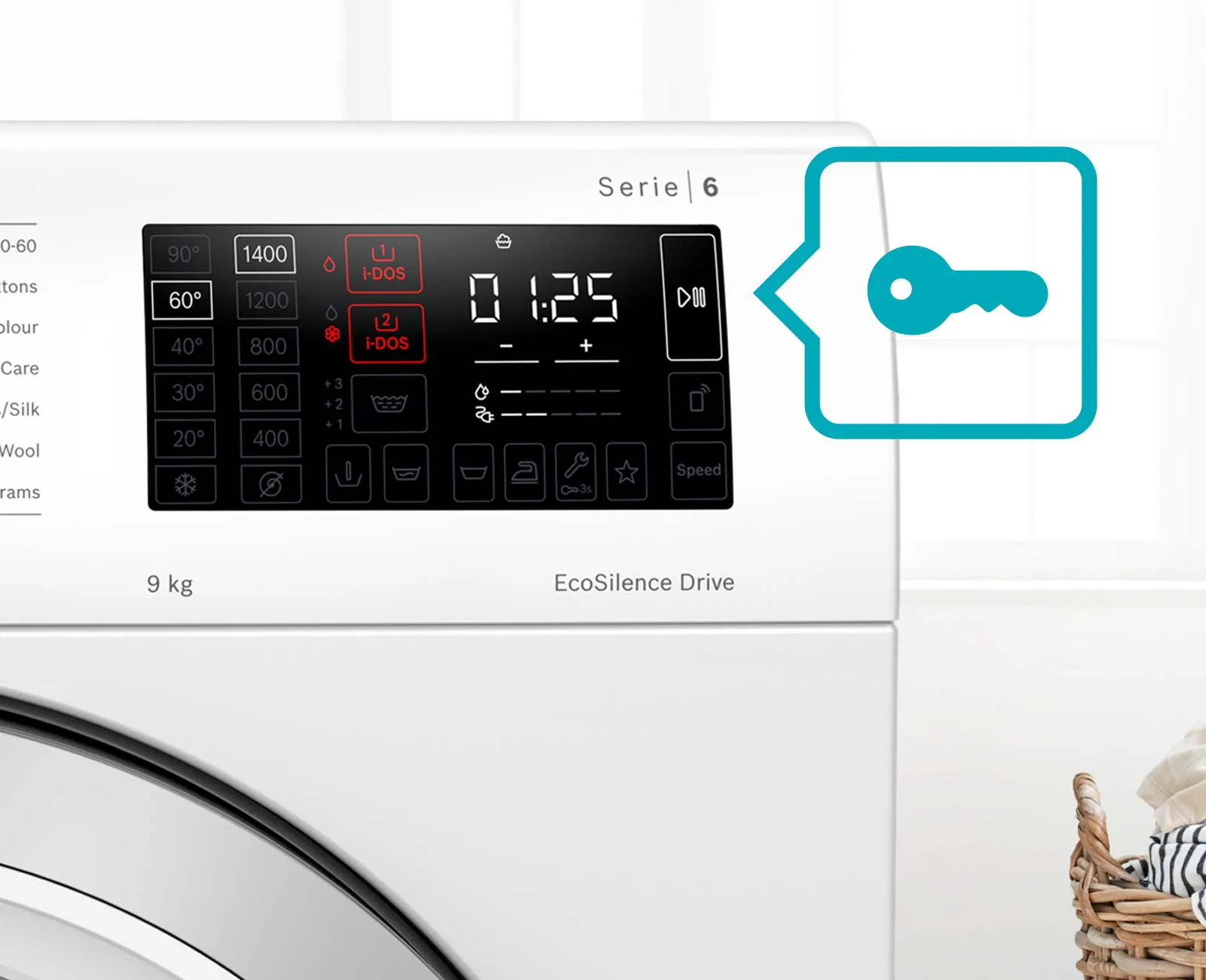 Washing machine control panel with digital display and illuminated key icon (child lock).