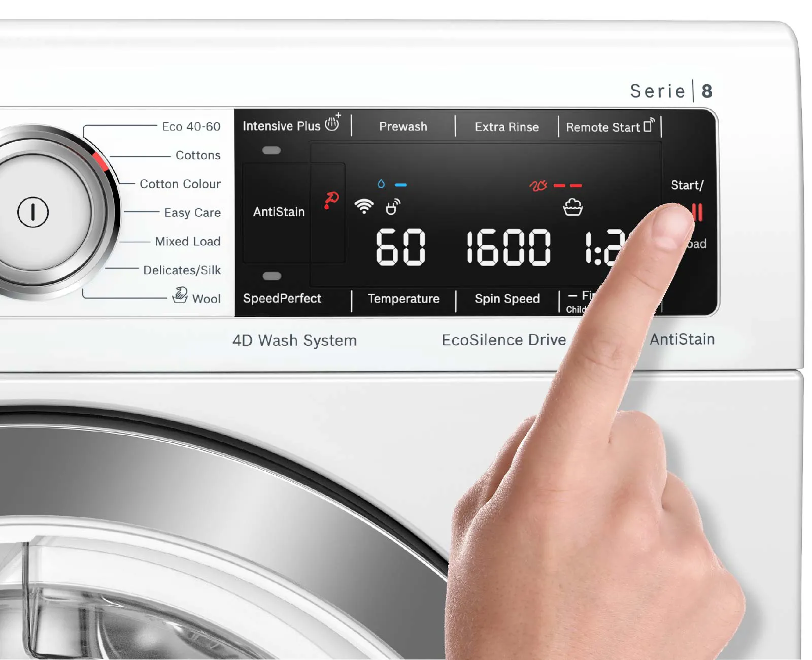 Washing machine close up with a touch screen.