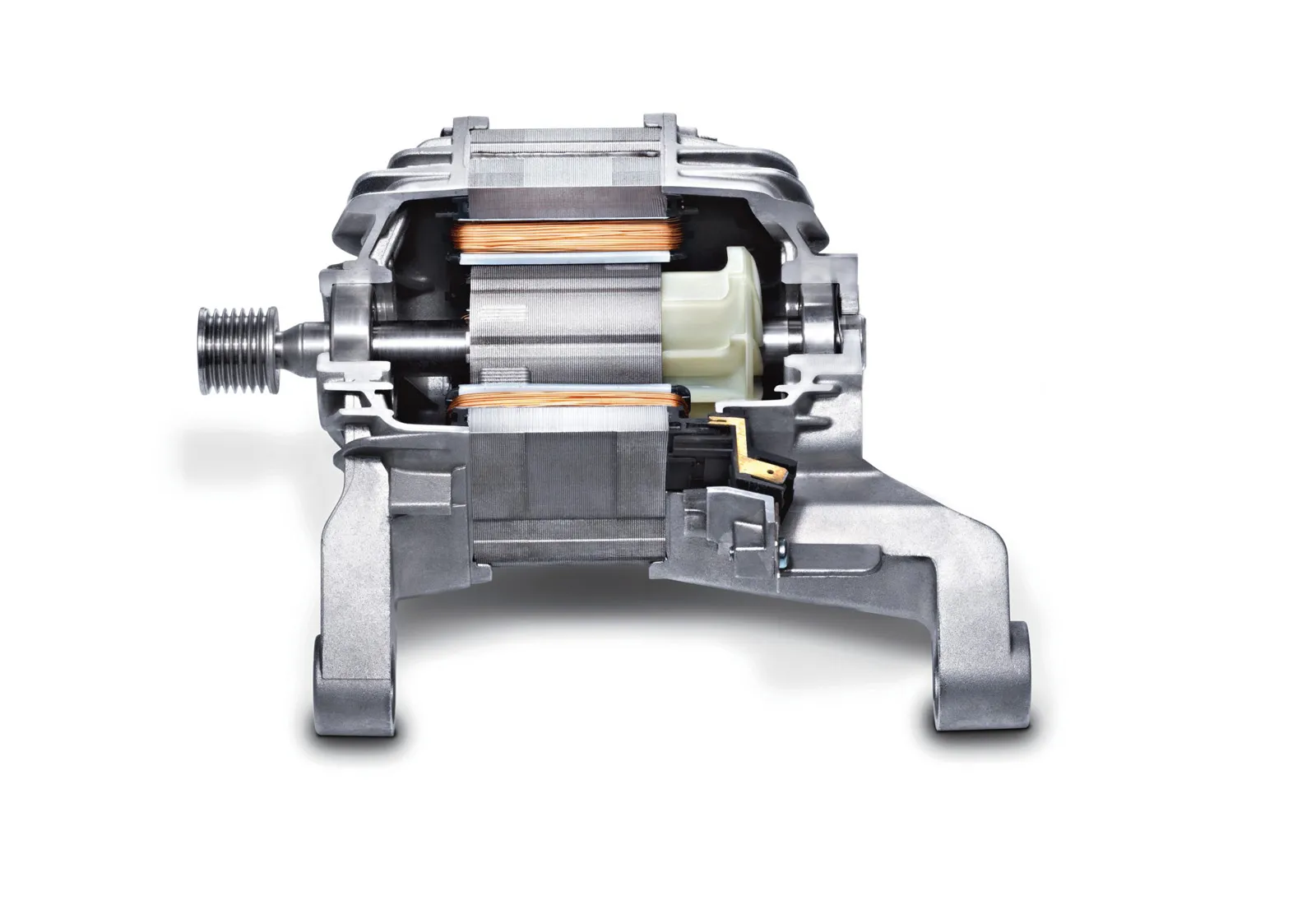 Cutaway view of a washing machine motor showing internal components and copper coils.