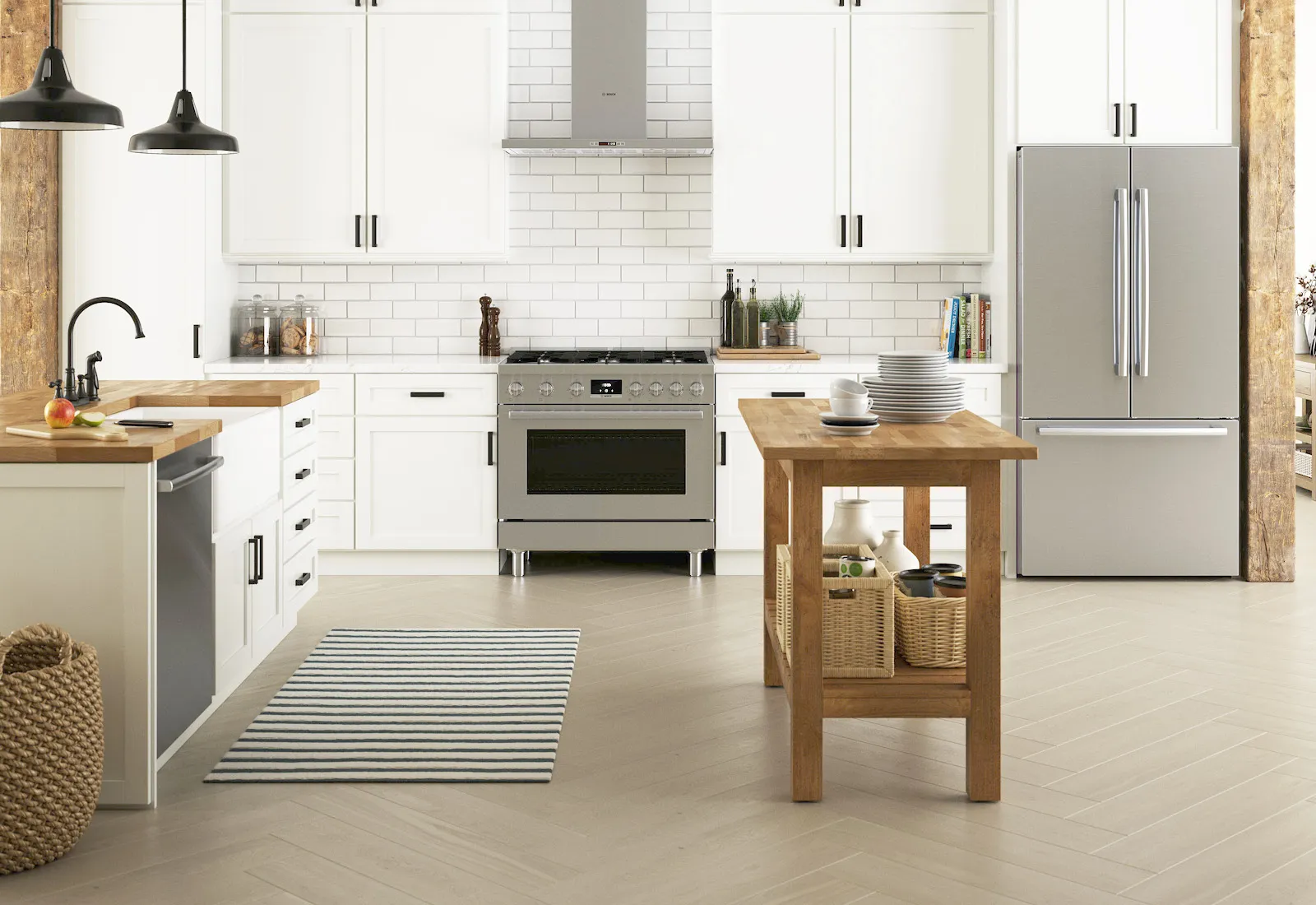 Modern kitchen with white cabinets, Bosch stainless steel appliances, and a wood island.