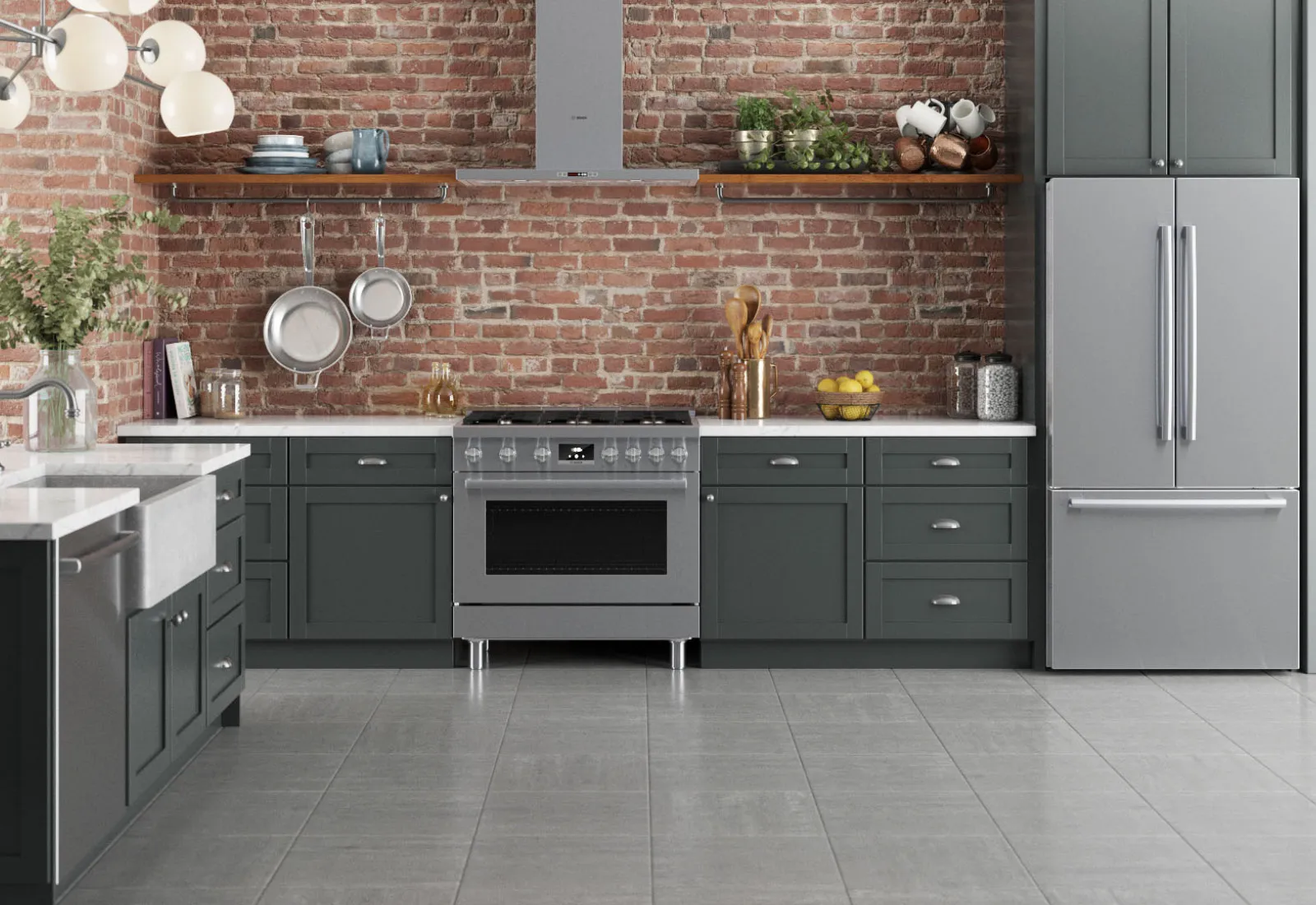 Modern kitchen with brick wall, gray cabinets, and Bosch stainless steel appliances.