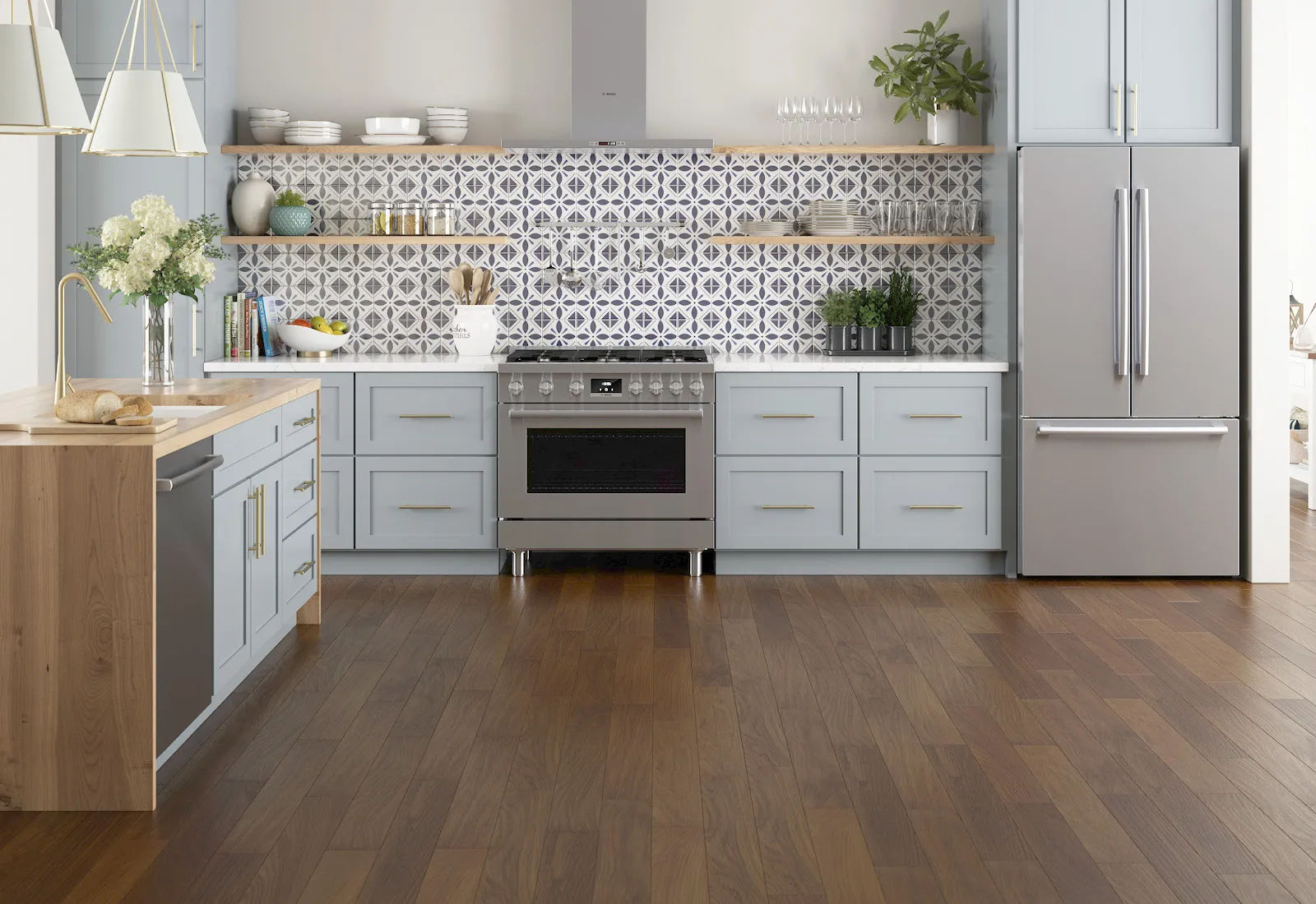 Modern kitchen with stainless steel appliances, patterned backsplash, and light blue cabinets.