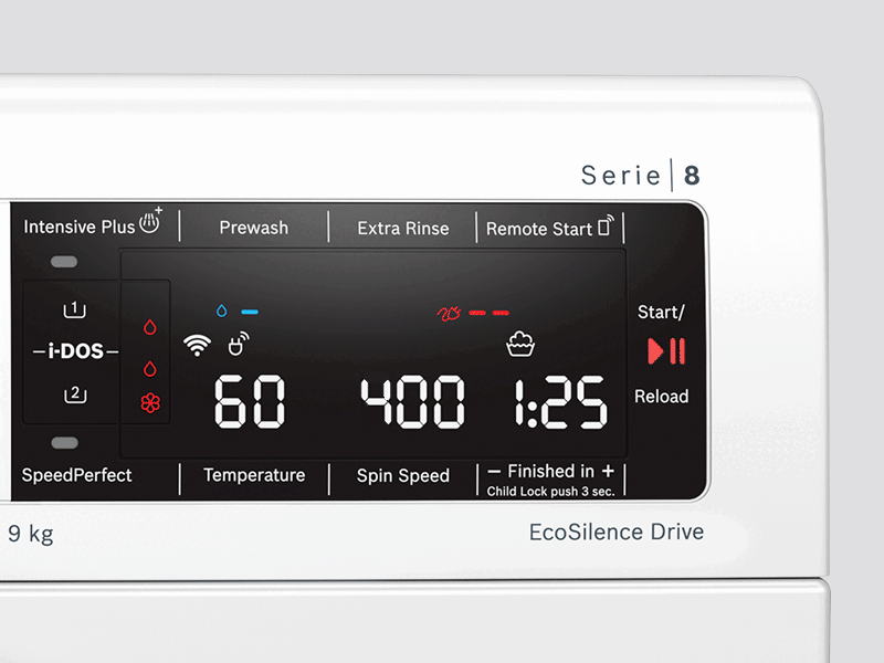 Display on Bosch washer showing the spin speeds of 1600, 1200, 1000, 800, 600 400 rpm