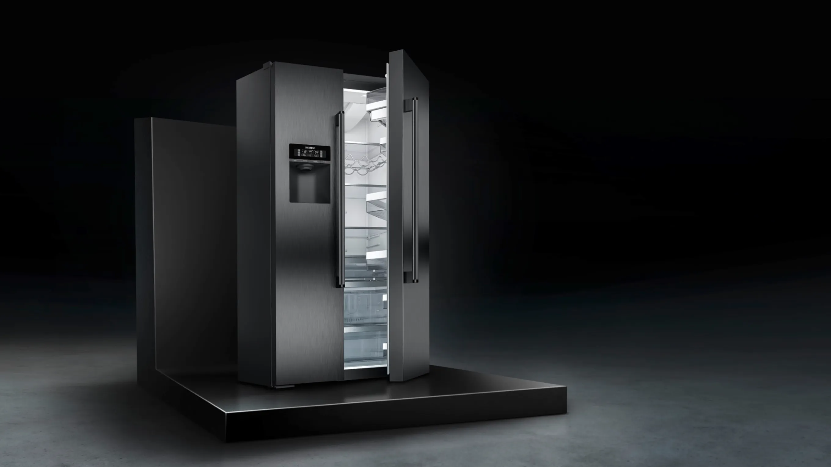 Open refrigerator with bright interior against dark background, minimalist design.