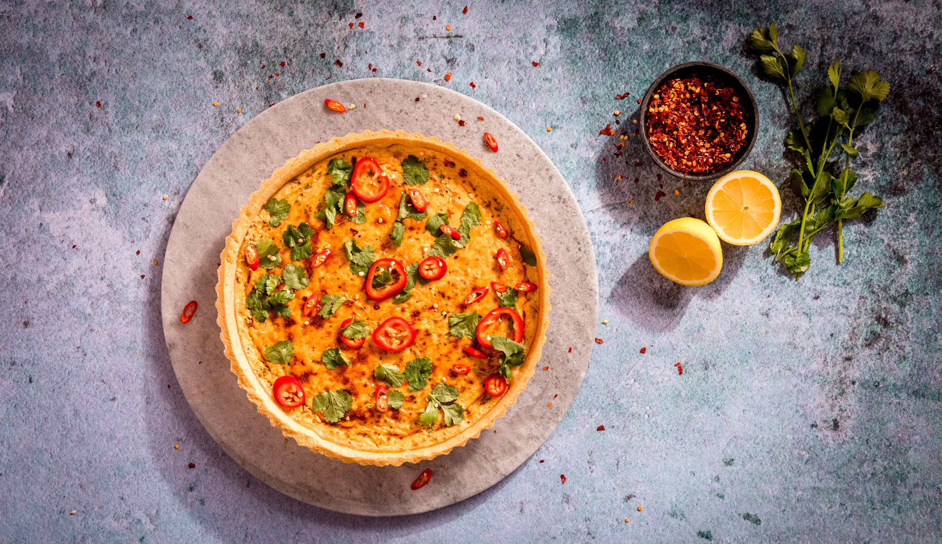 Chilli crab, lemon and coriander tart