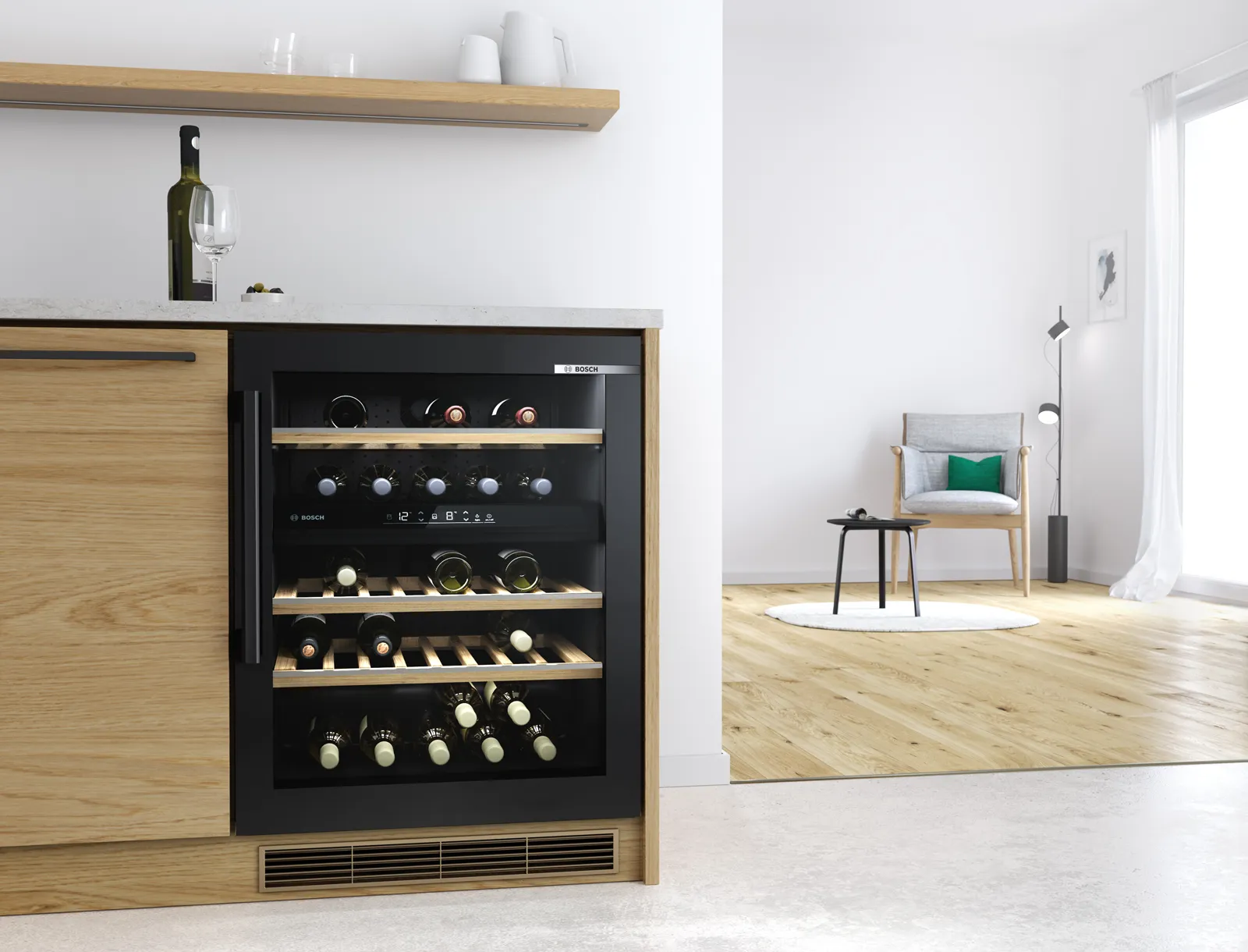 Elegante mobile da vino freestanding con soggiorno moderno sullo sfondo.