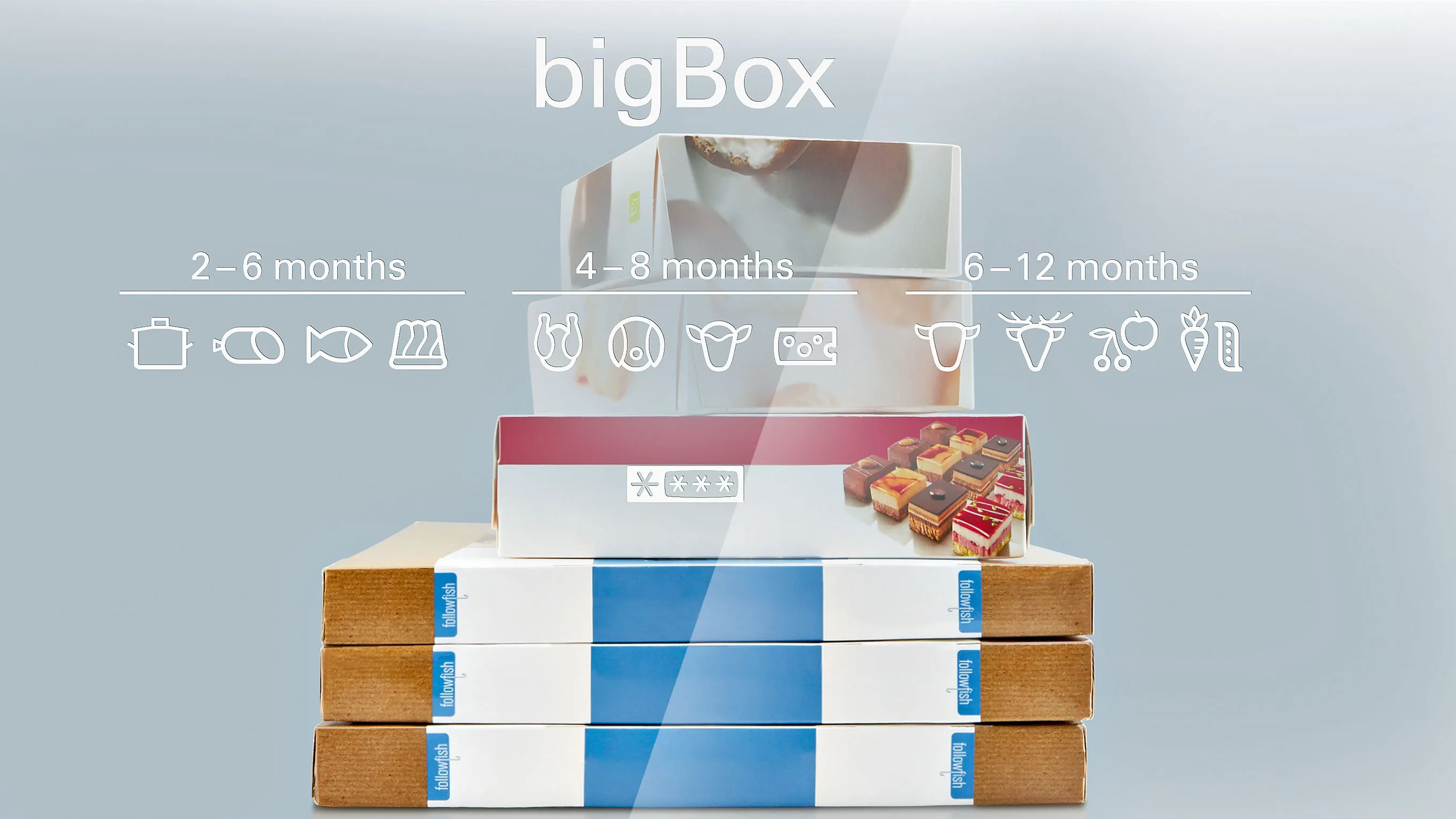 Stacked baby clothing subscription boxes with age range icons and product images.